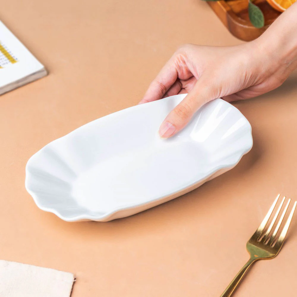 Ceramic Scalloped Long Snack Plate Classic White 8 Inch - Image 3