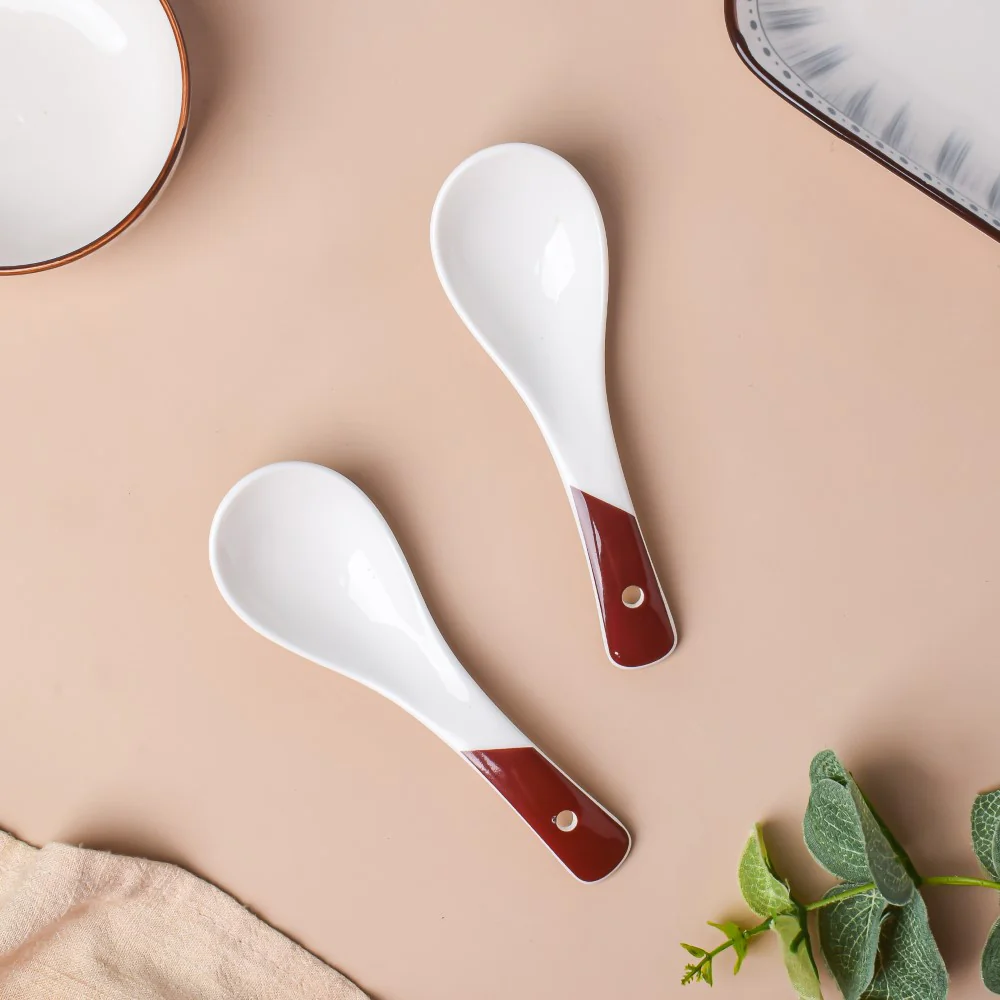 Ceramic Soup Spoon White And Brown Set Of 2 - Image 3