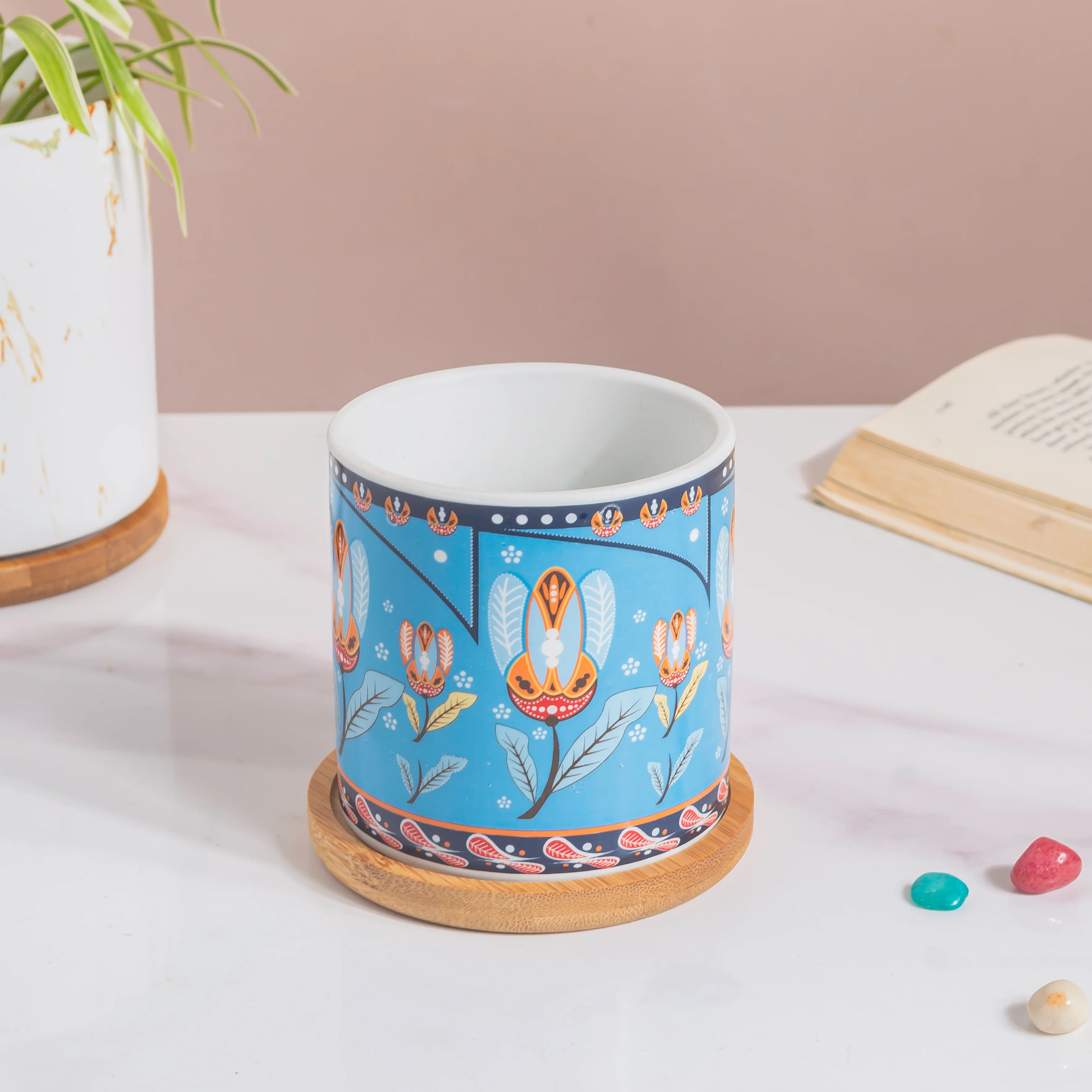 Cerulean Leaf Bloom Planter With Wooden Coaster - Image 3