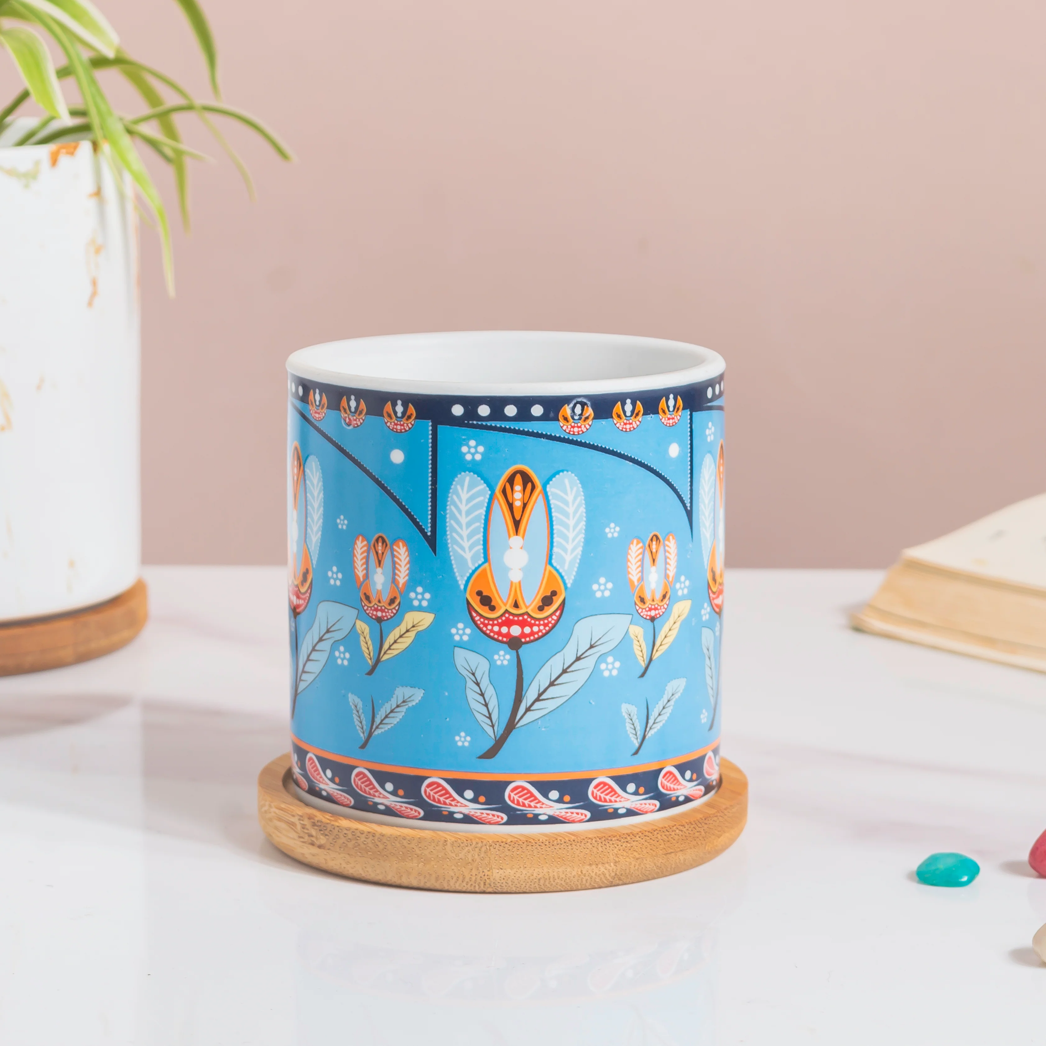 Cerulean Leaf Bloom Planter With Wooden Coaster - Image 4