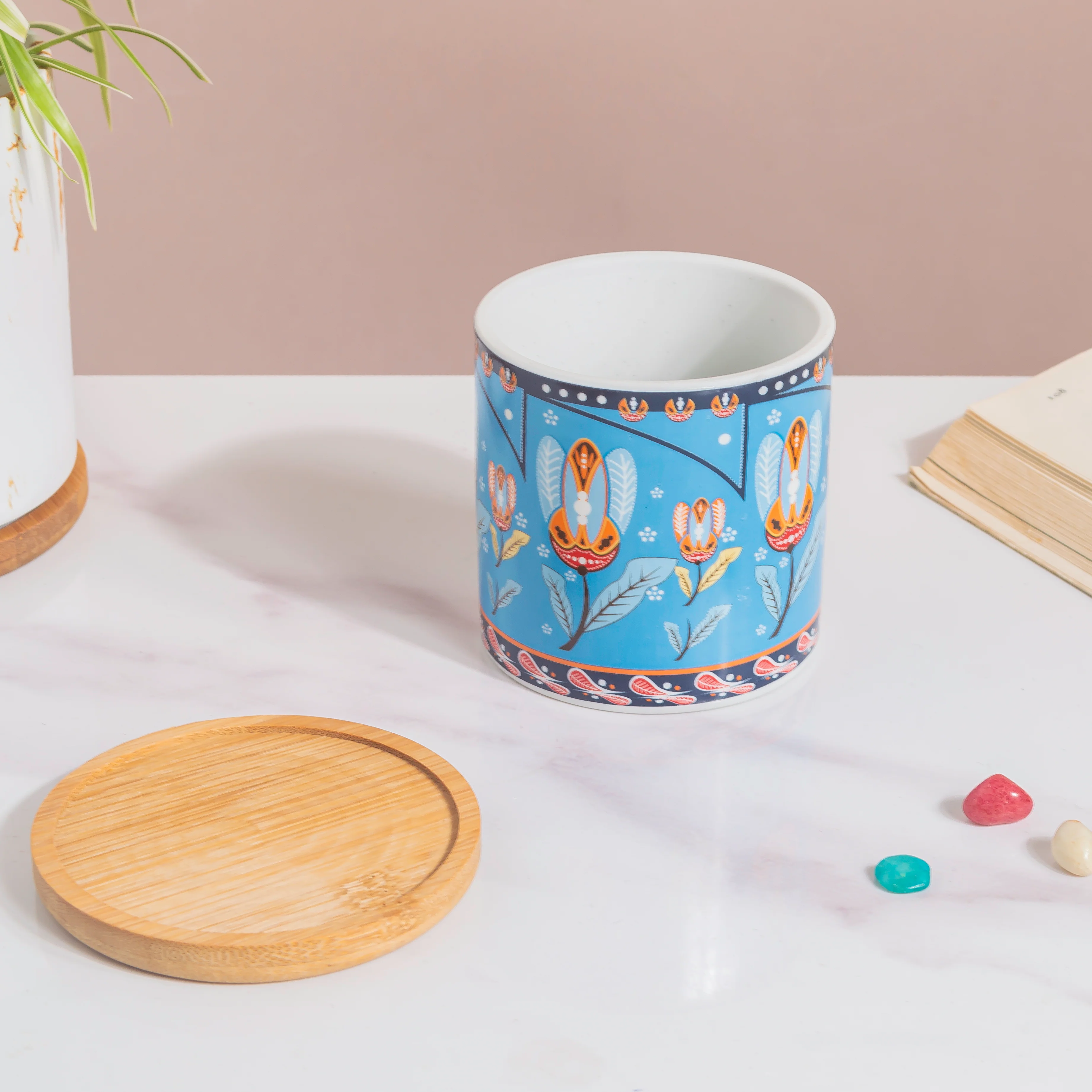Cerulean Leaf Bloom Planter With Wooden Coaster - Image 6