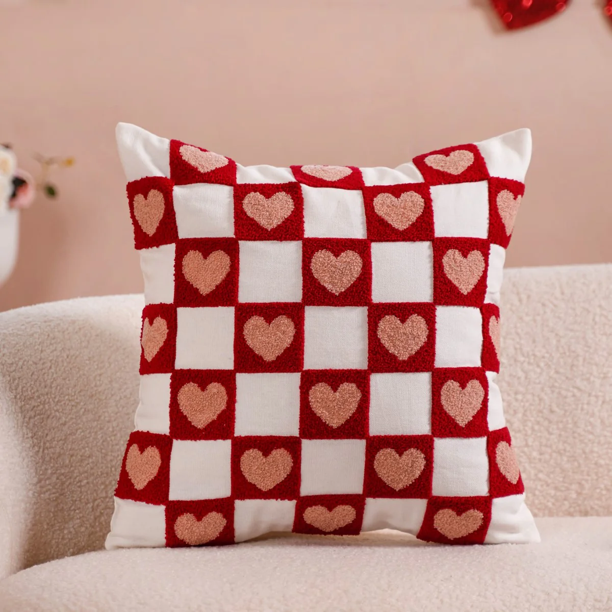 Checkerboard Hearts Cushion Cover Set Of 2 Red Pink White 16x16 Inch - Image 3