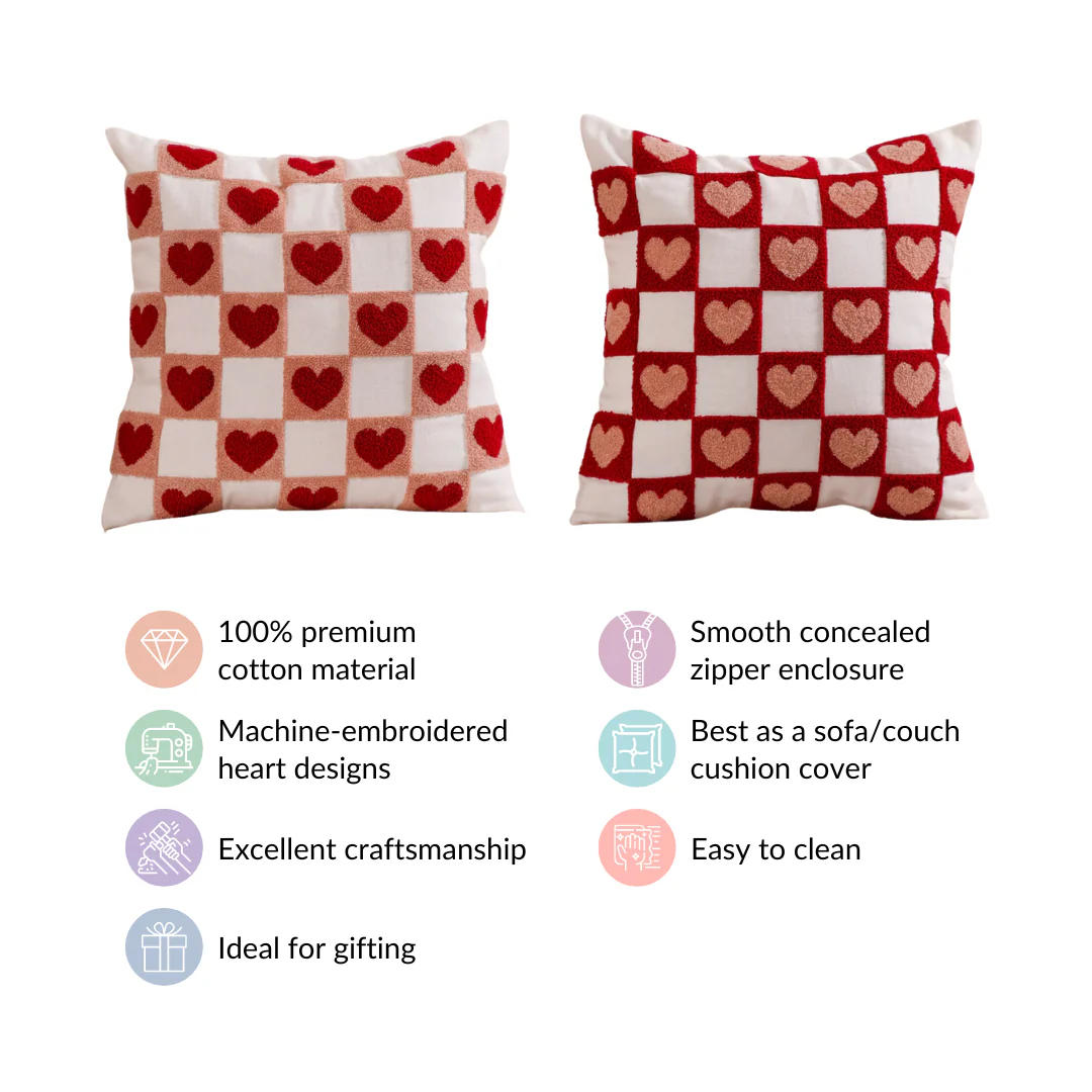 Checkerboard Hearts Cushion Cover Set Of 2 Red Pink White 16x16 Inch - Image 6