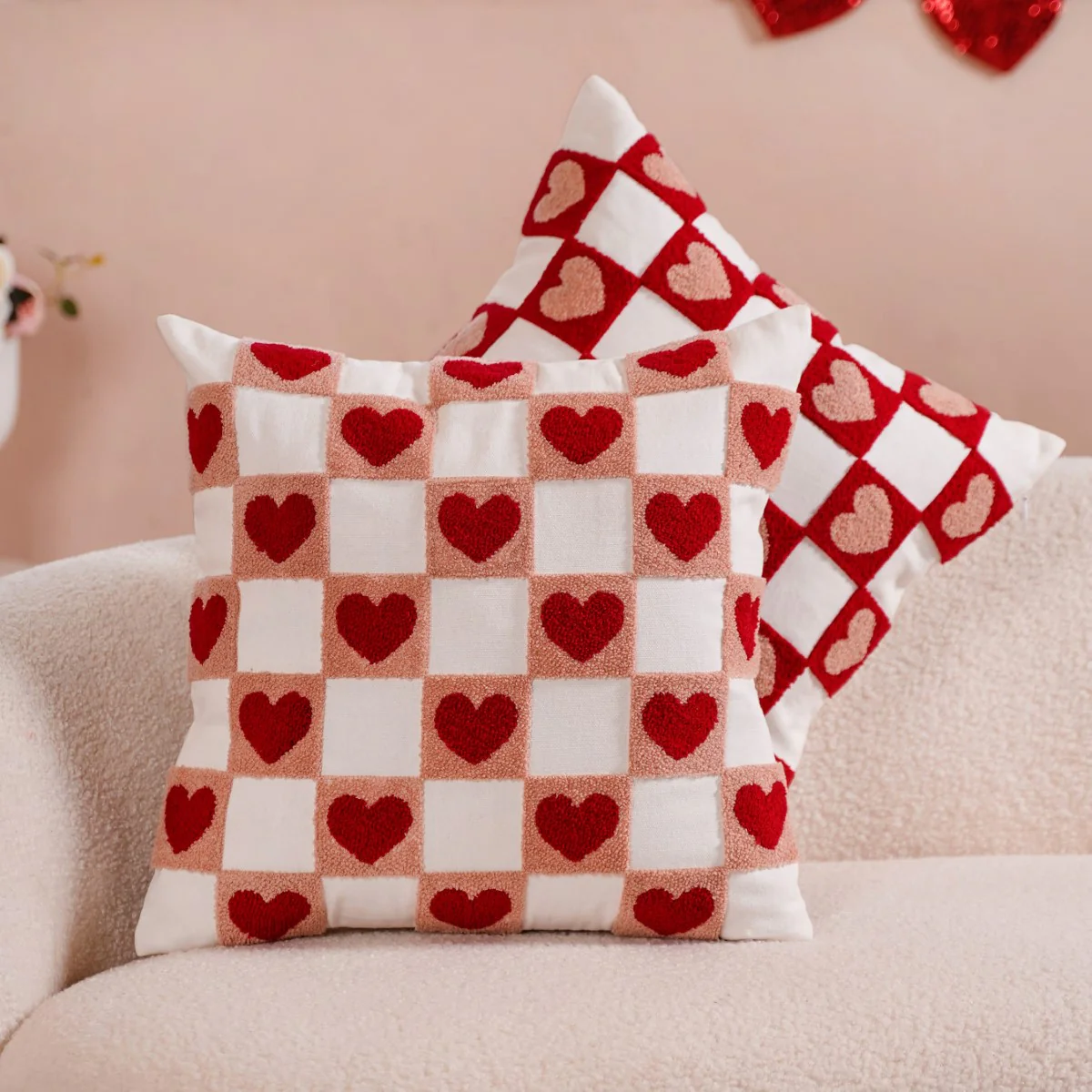 Checkerboard Hearts Cushion Cover Set Of 2 Red Pink White 16x16 Inch - Image 8