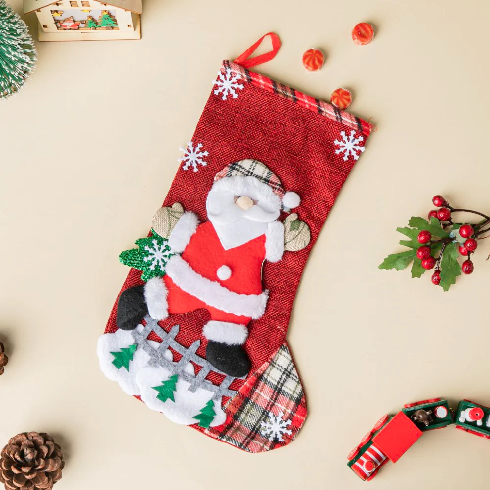 Checkered Santa Claus Christmas Stocking Red 11.5 Inch