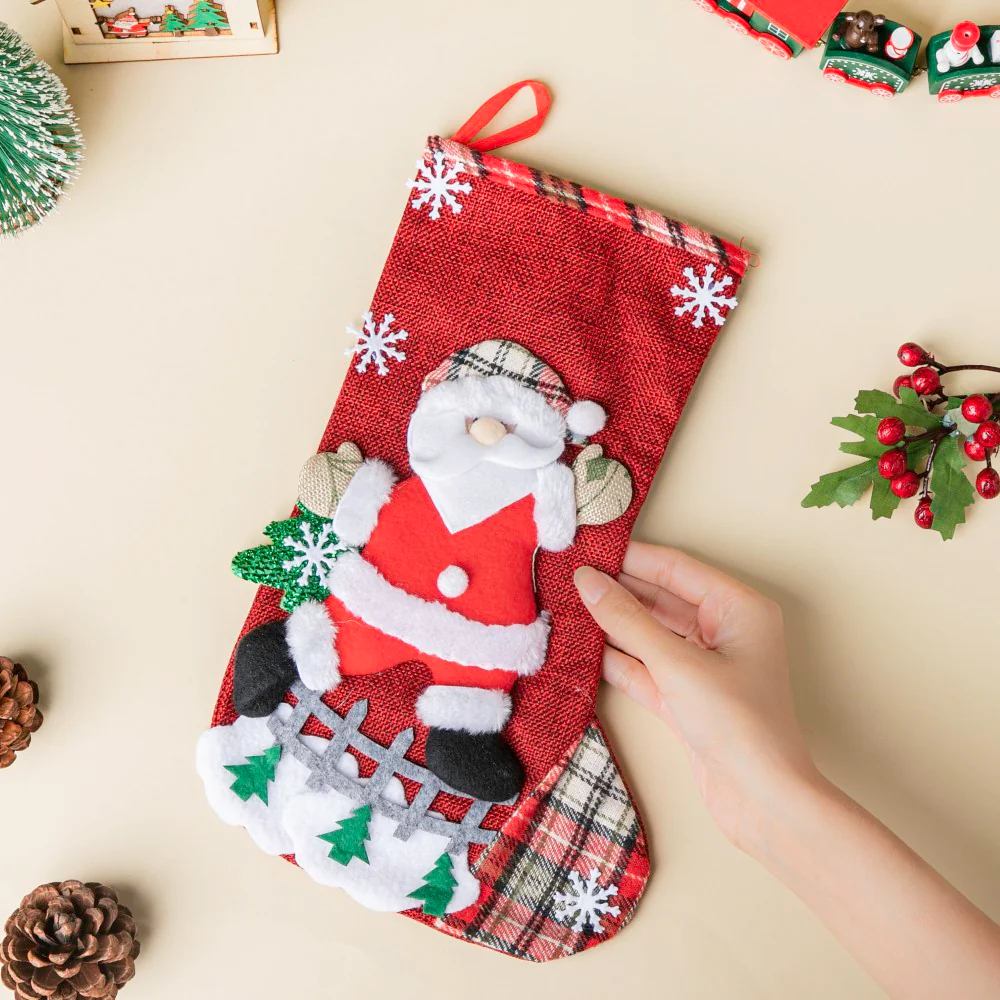 Checkered Santa Claus Christmas Stocking Red 11.5 Inch - Image 3