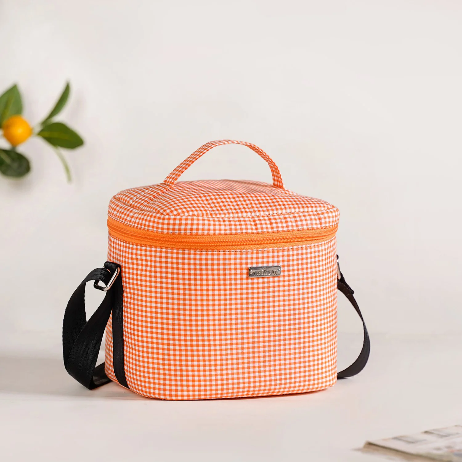 Checkered Thermal Lunch Bag Lunch Box Set Orange - Image 2