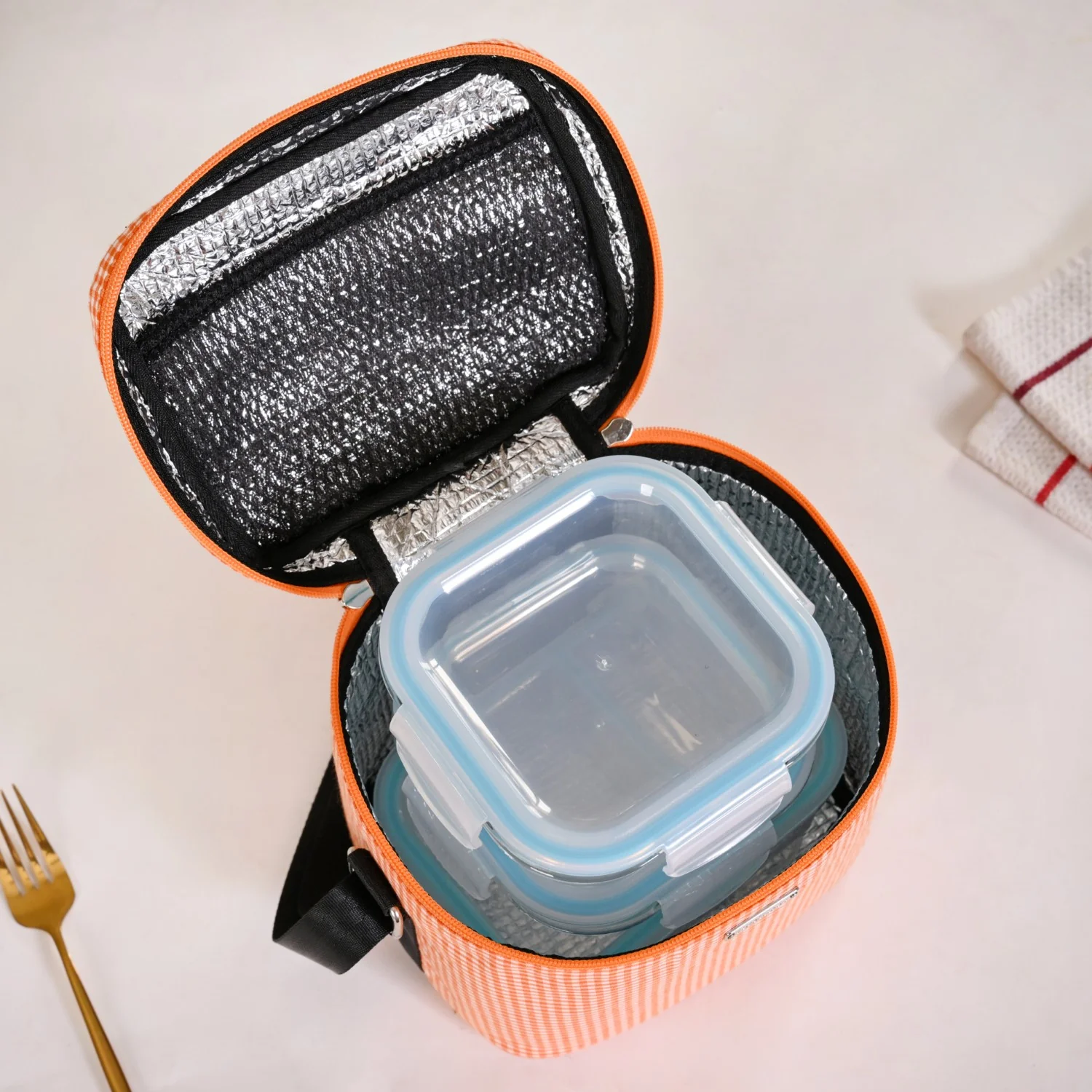 Checkered Thermal Lunch Bag Lunch Box Set Orange - Image 9