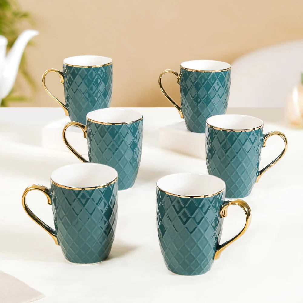 Checks Embossed Cup Set of 6 Green 330ml - Image 3