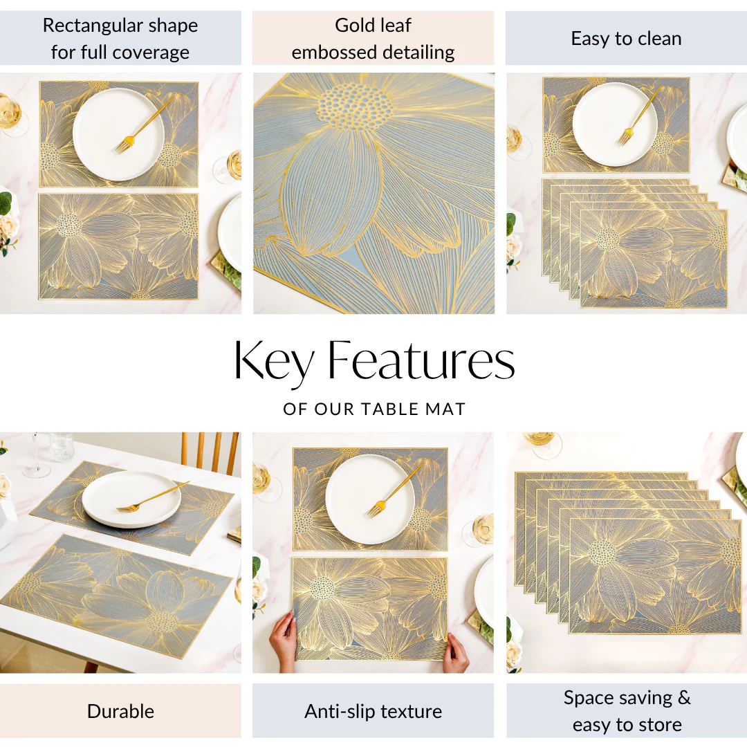Chic Flower Rectangle Table Mat Set Of 6 Gold Blue - Image 4