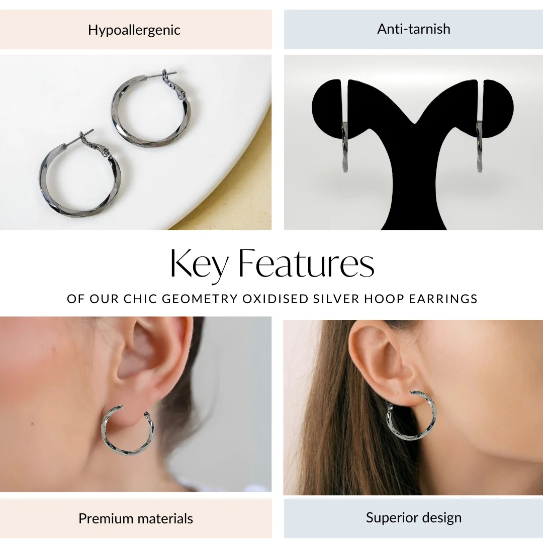 Chic Geometry Oxidised Silver Hoop Earrings - Image 4