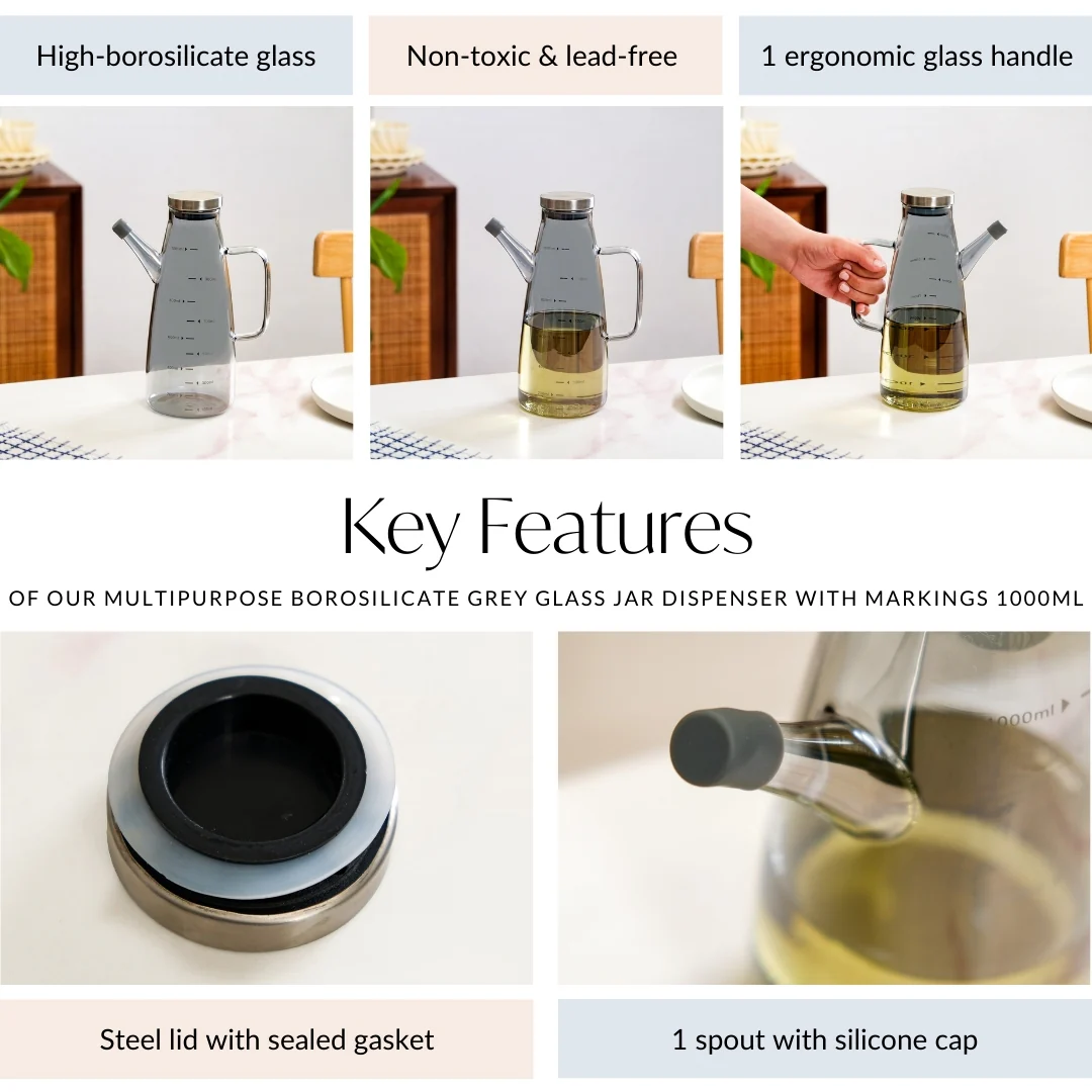Chic Grey Borosilicate Glass Oil Jar Dispenser With Markings 1000ml - Image 4