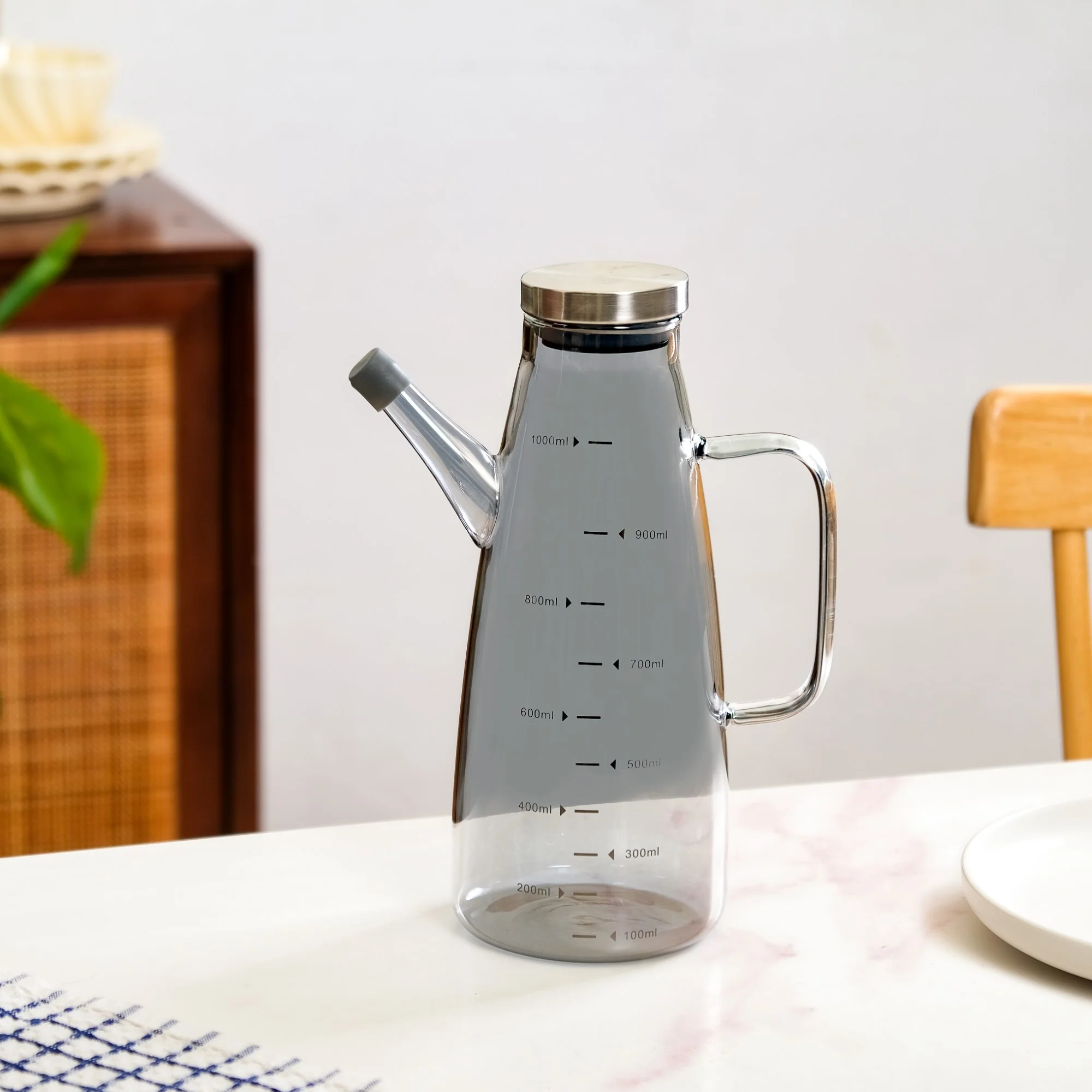 Chic Grey Borosilicate Glass Oil Jar Dispenser With Markings 1000ml - Image 9