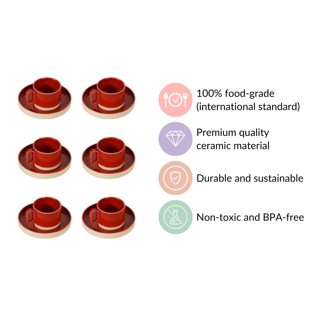 Chic Minimalist Tea Cup And Saucer Set Of 6 Maroon 100ml - Image 4