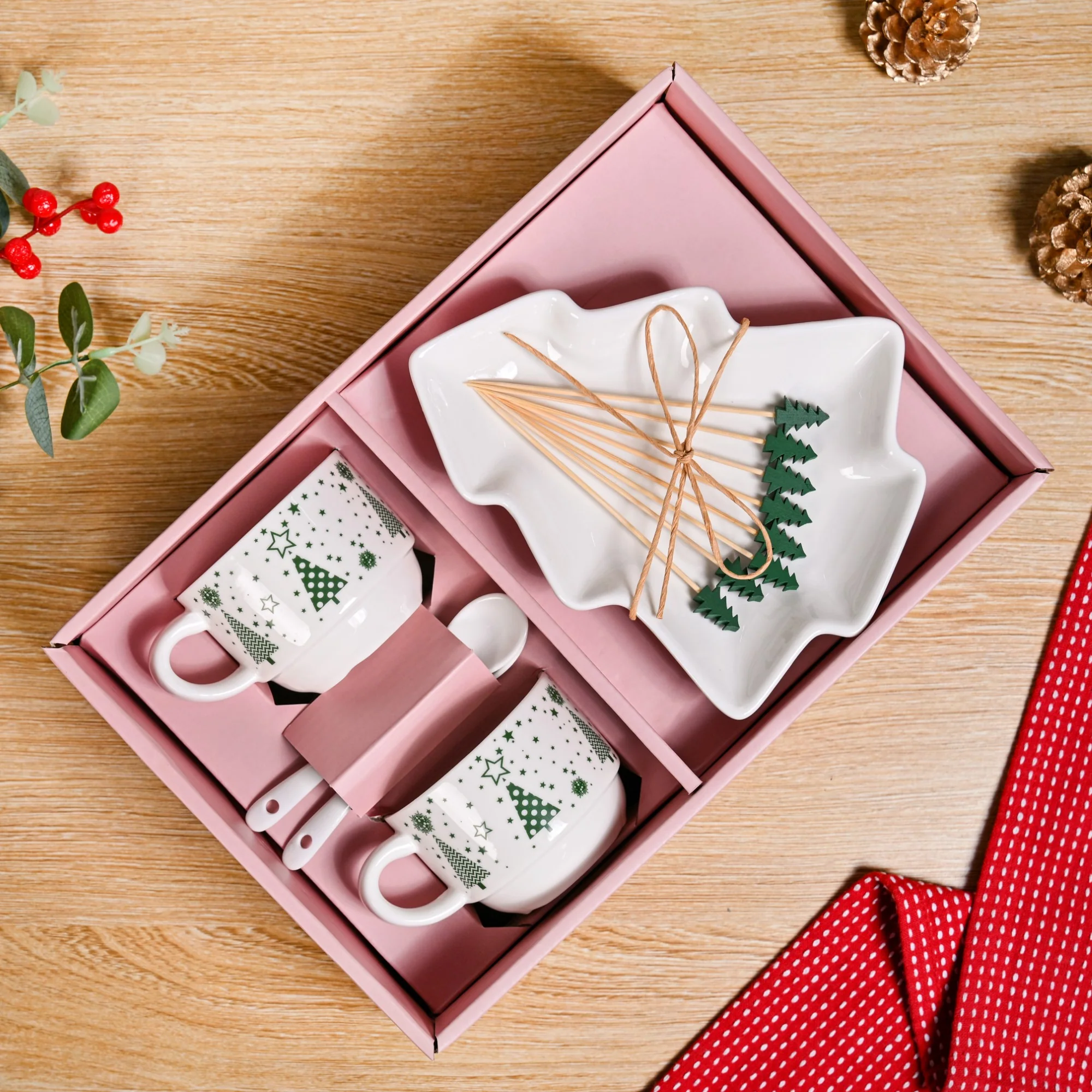 Christmas Cups Spoon Tree Platter Picks Gift Set