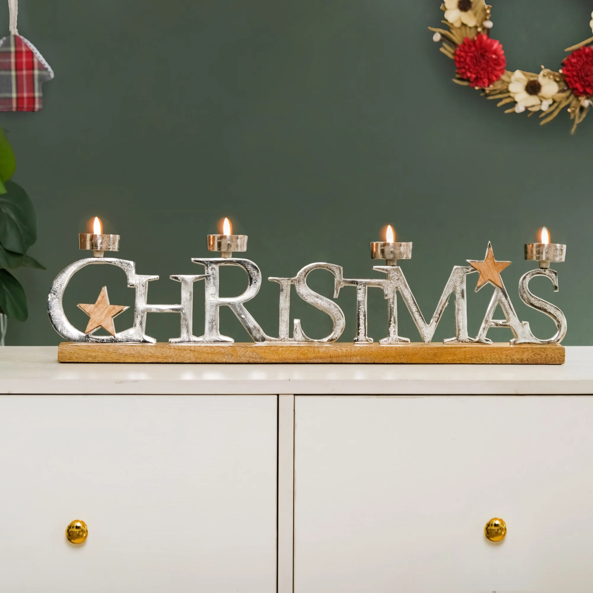 Christmas Lettering Tea Light Holder With Wooden Base Large - Image 3