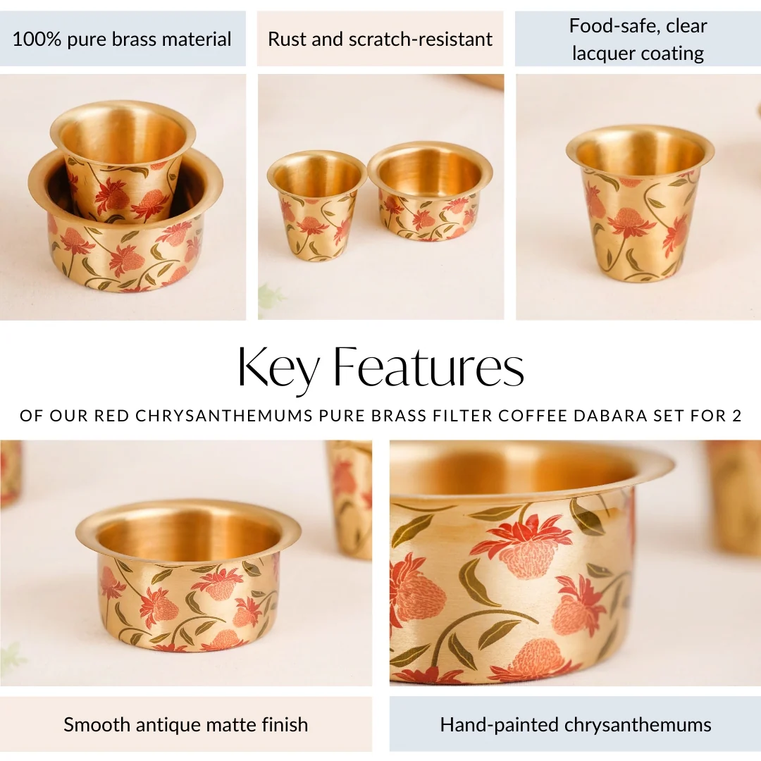 Chrysanthemums Pure Brass Filter Coffee Dabara Set For 2 With Gift Box - Image 5