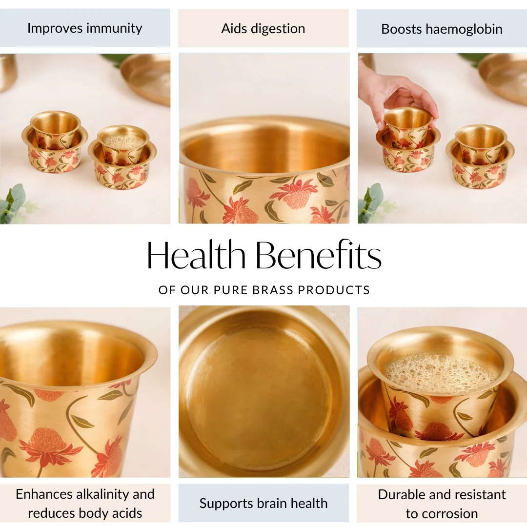 Chrysanthemums Pure Brass Filter Coffee Dabara Set For 2 With Gift Box - Image 6