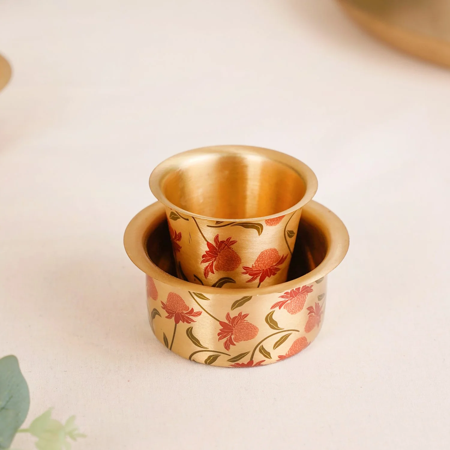 Chrysanthemums Pure Brass Filter Coffee Dabara Set For 2 With Gift Box - Image 7