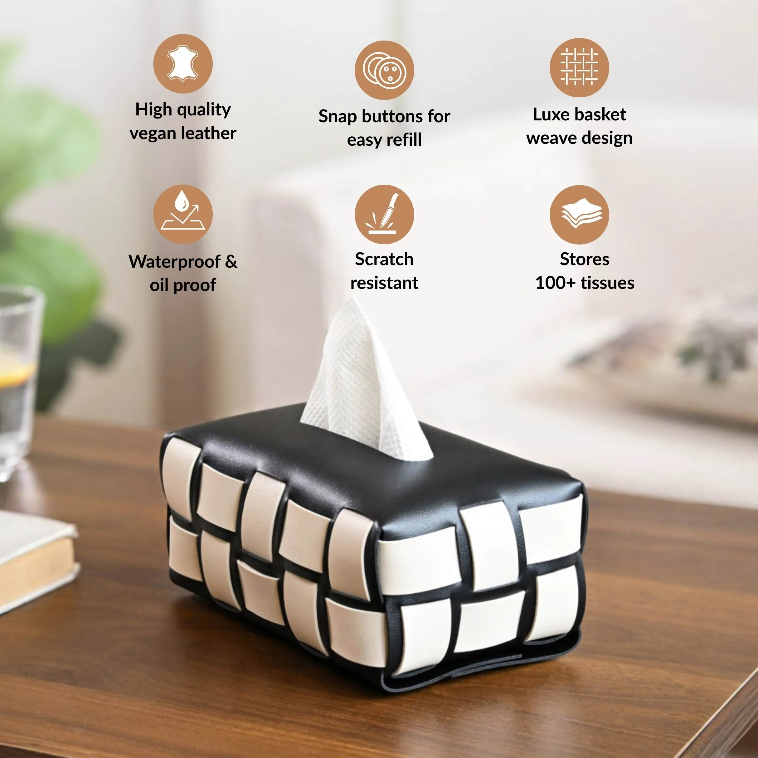Classic Vegan Leather Tissue Box Black And White - Image 2