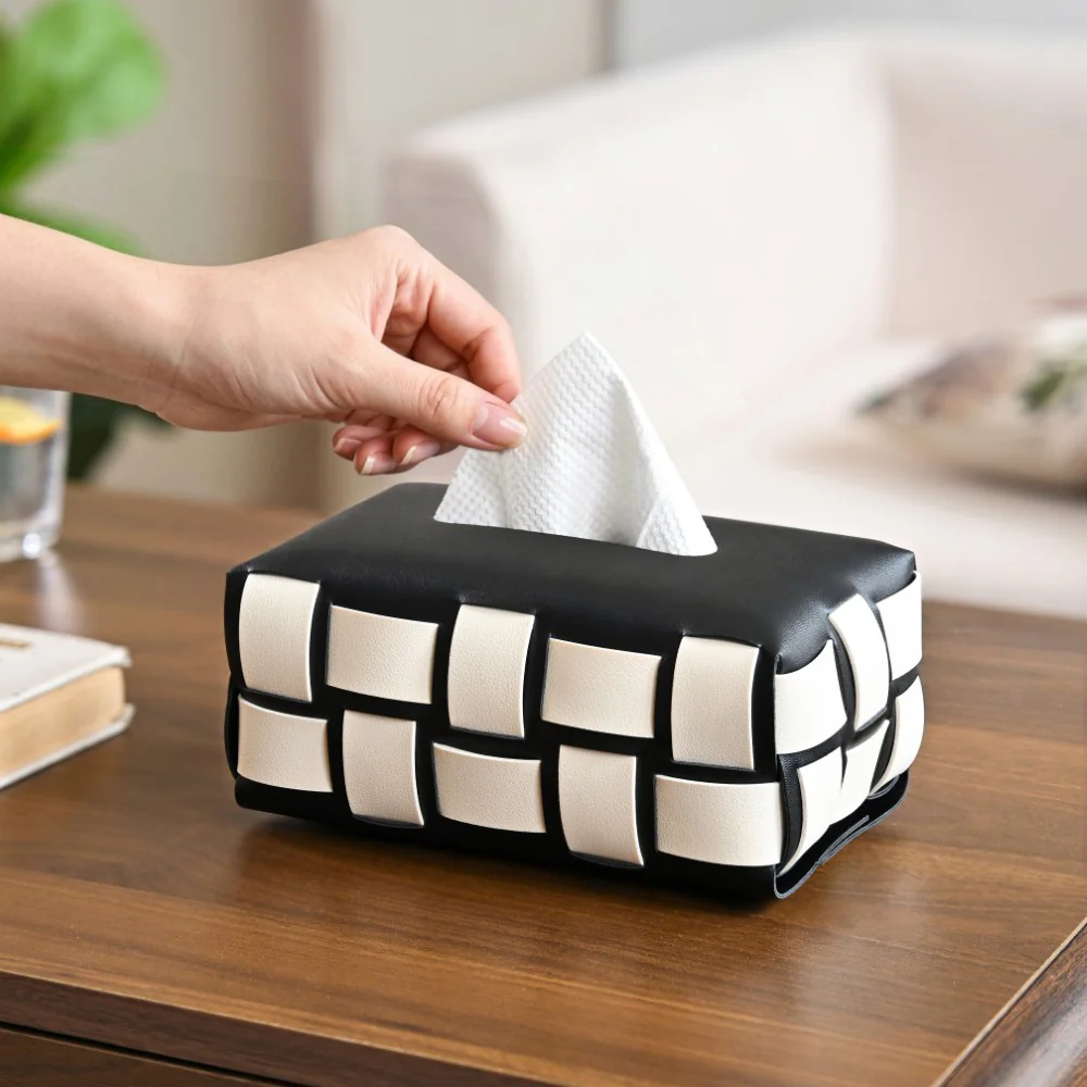 Classic Vegan Leather Tissue Box Black And White - Image 3