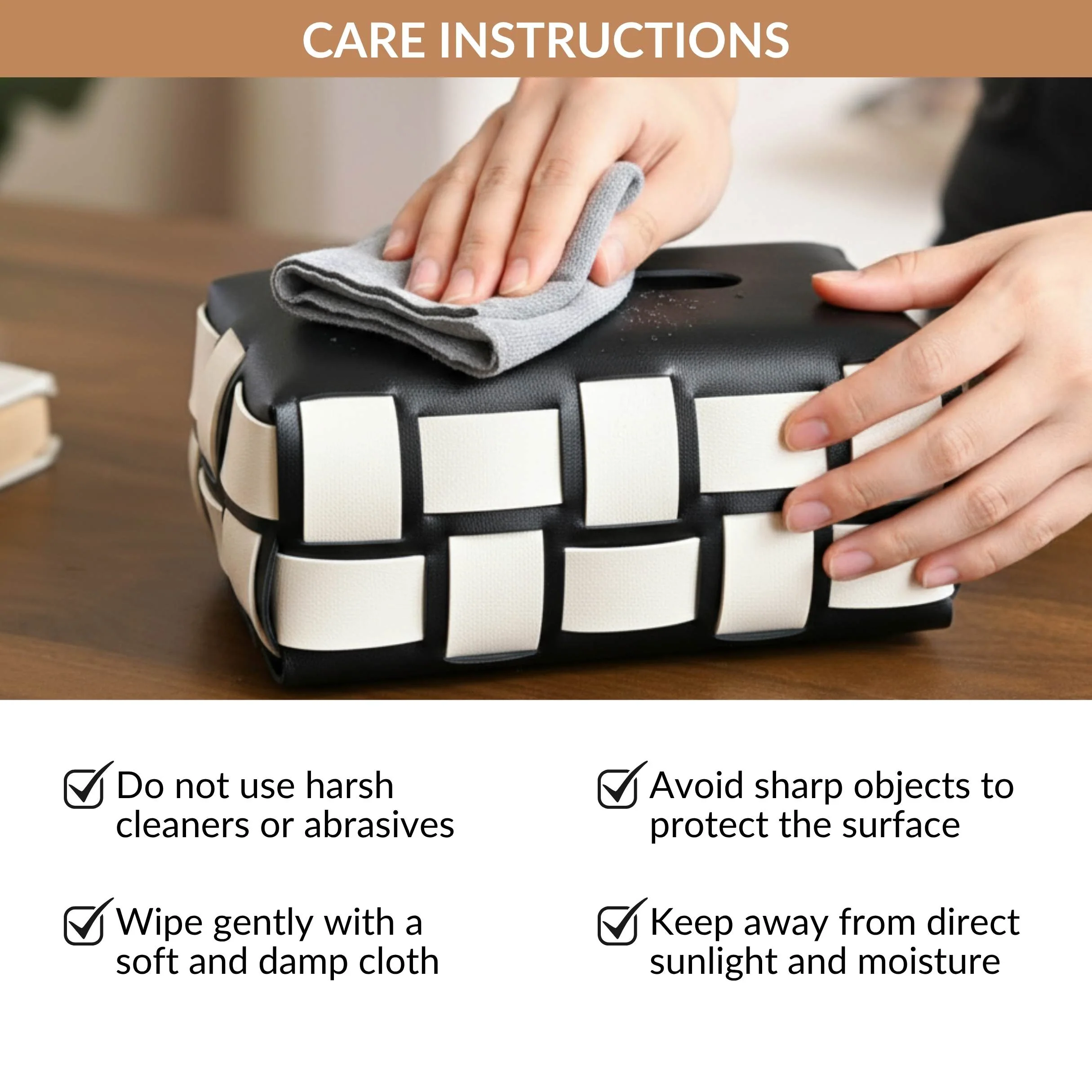 Classic Vegan Leather Tissue Box Black And White - Image 5