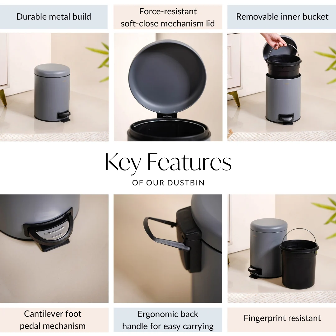 Clean Curve Metal Dustbin With Removable Bucket Grey 5000ml - Image 5