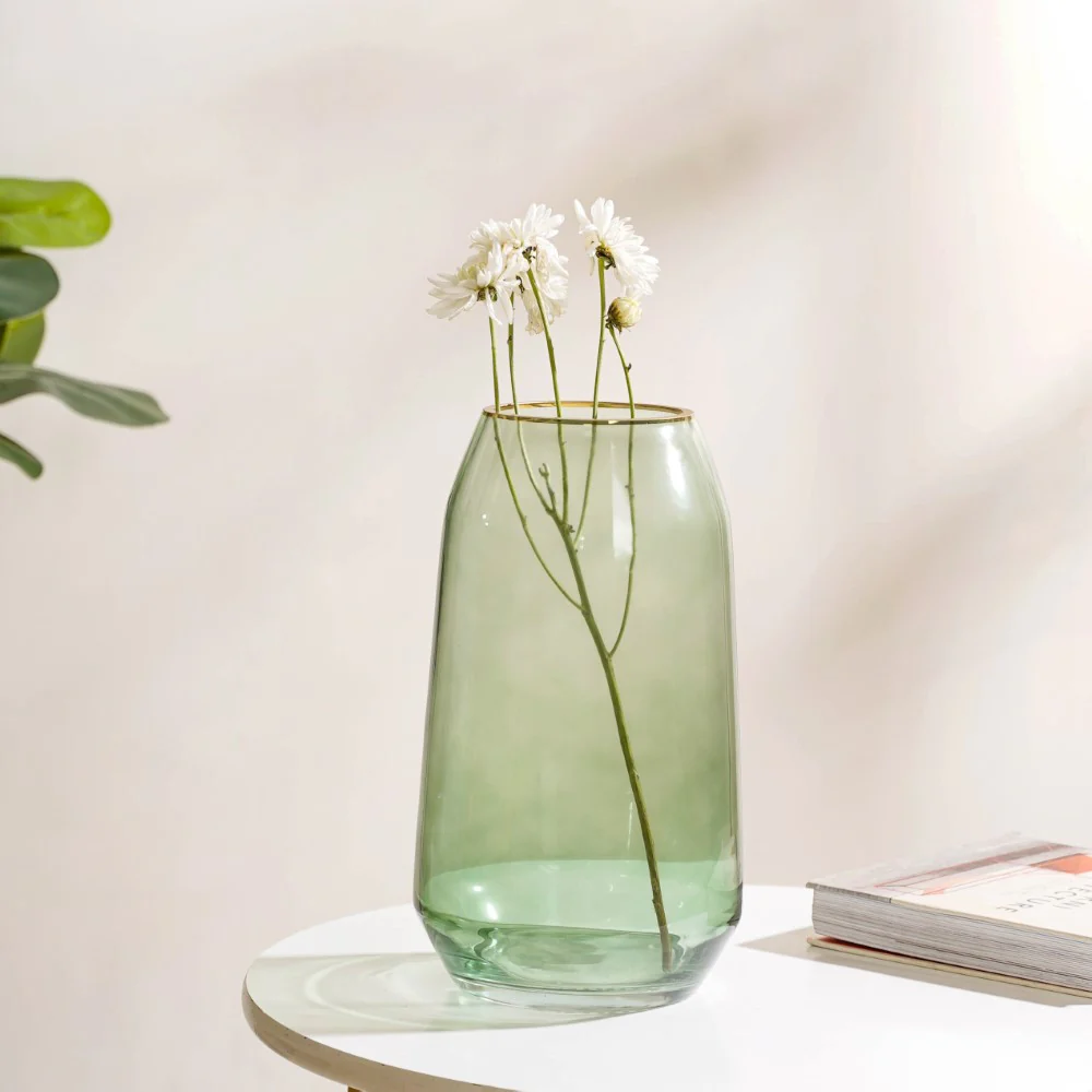 Clear Glass Gold Detailed Vase Green 11 Inch