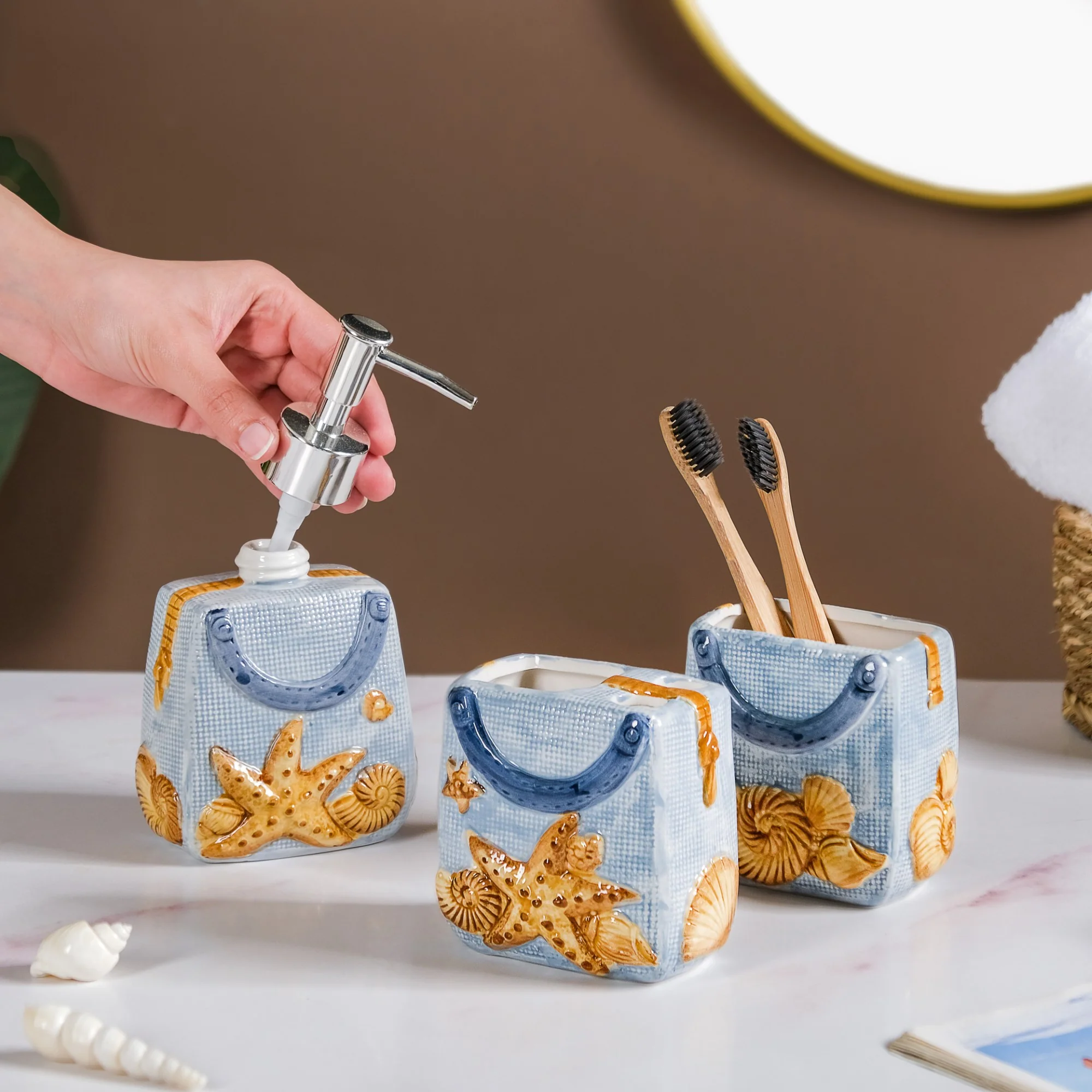 Coastal Ceramic Bath Set Of 3 Blue - Image 2