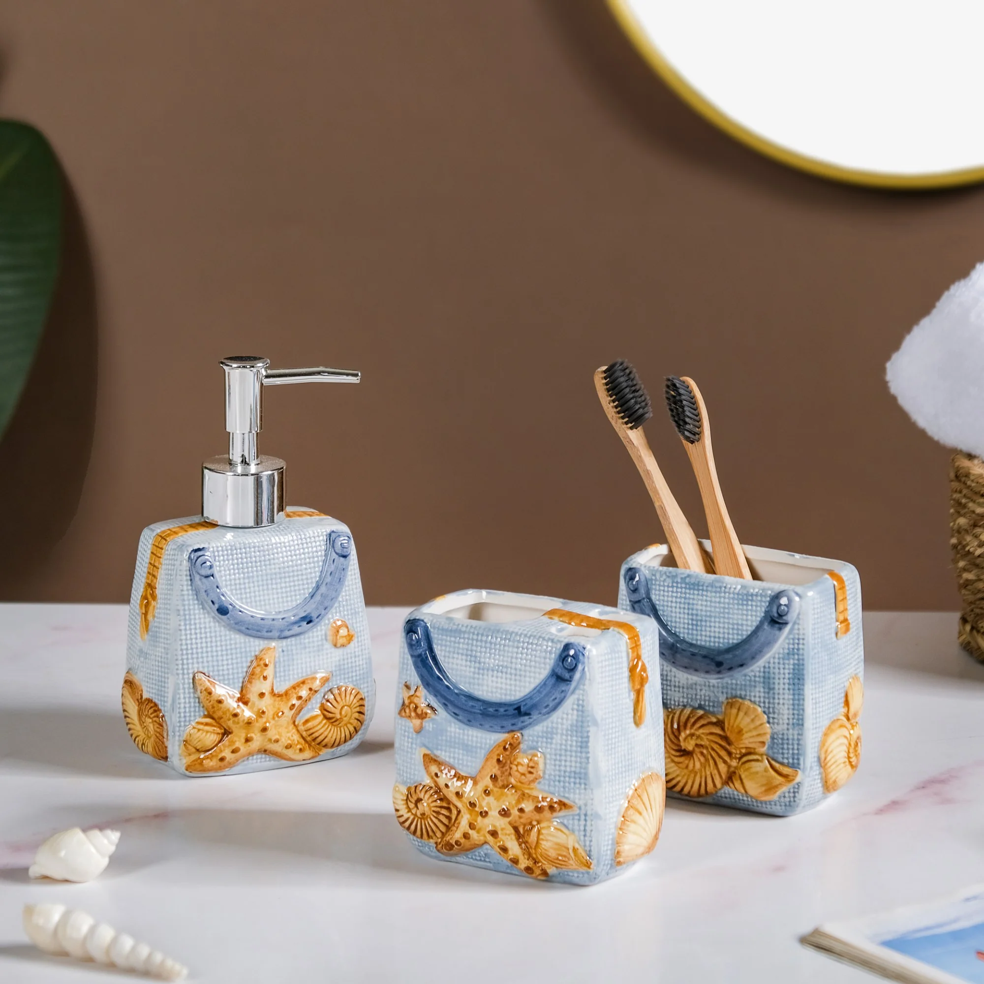 Coastal Ceramic Bath Set Of 3 Blue - Image 5