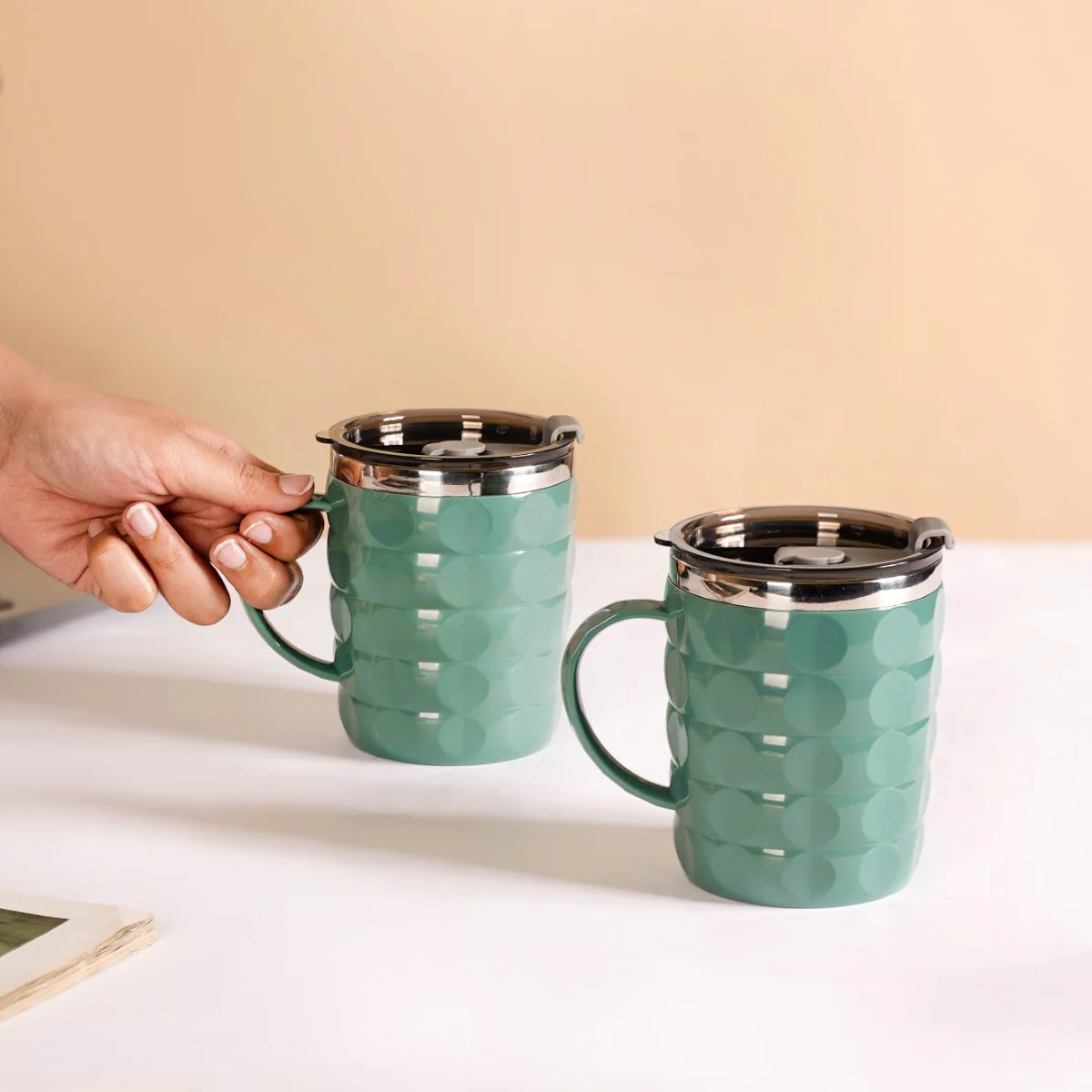 Coffee Mug With Lid Set Of 2 Green 400ml - Image 2