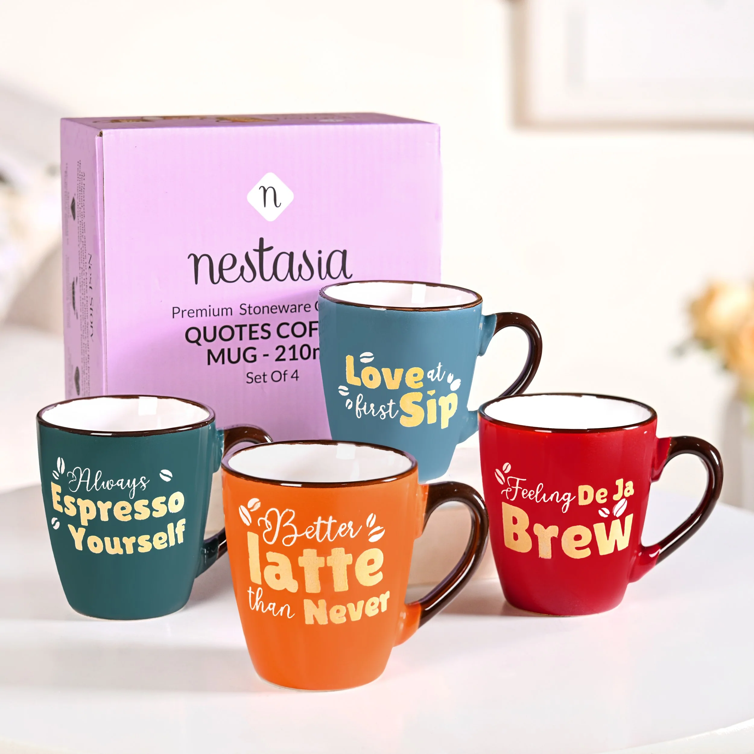Coffee Quotes Ceramic Mug Set Of 4 210ml
