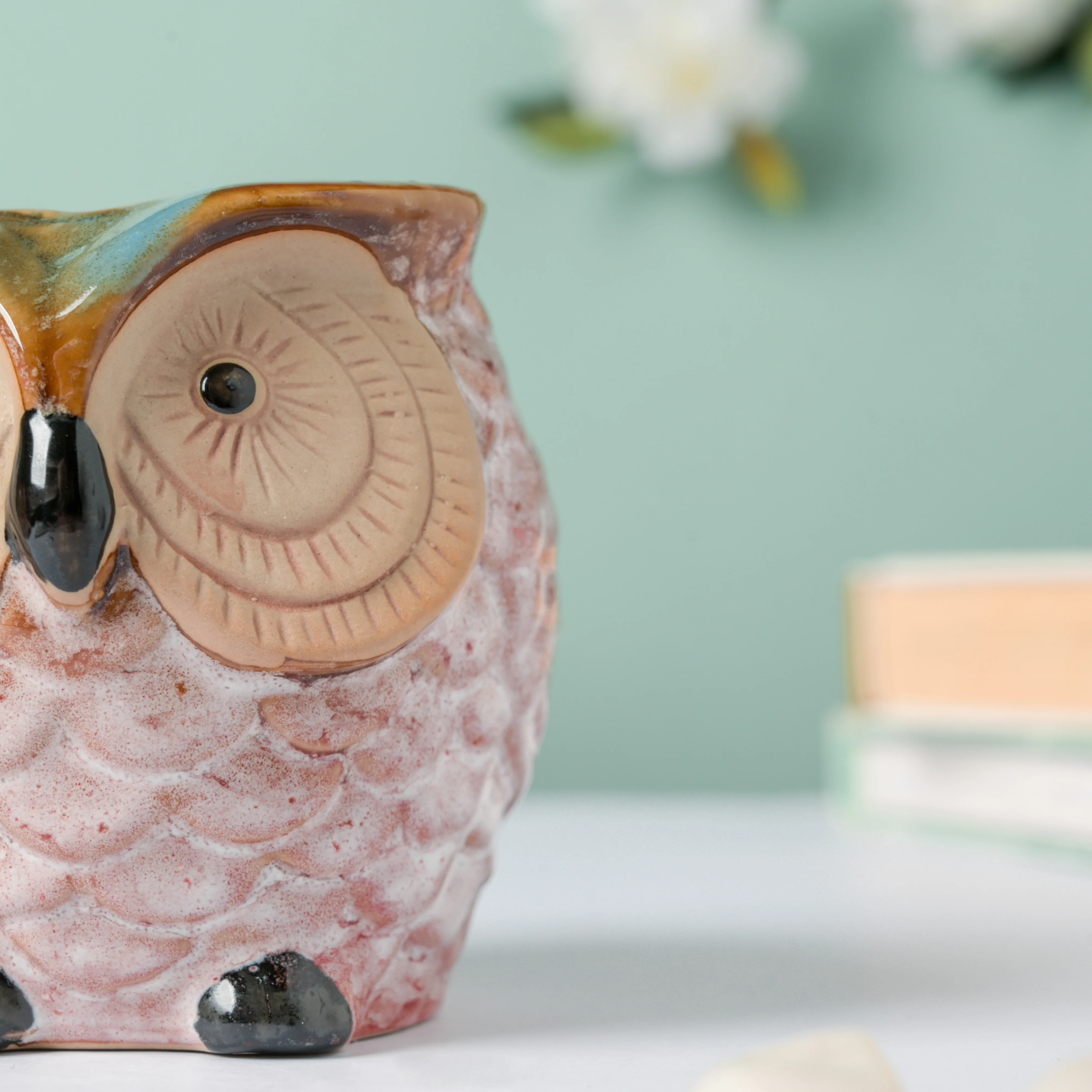 Colossal White Ceramic Owl Planter With Wooden Coaster - Image 10