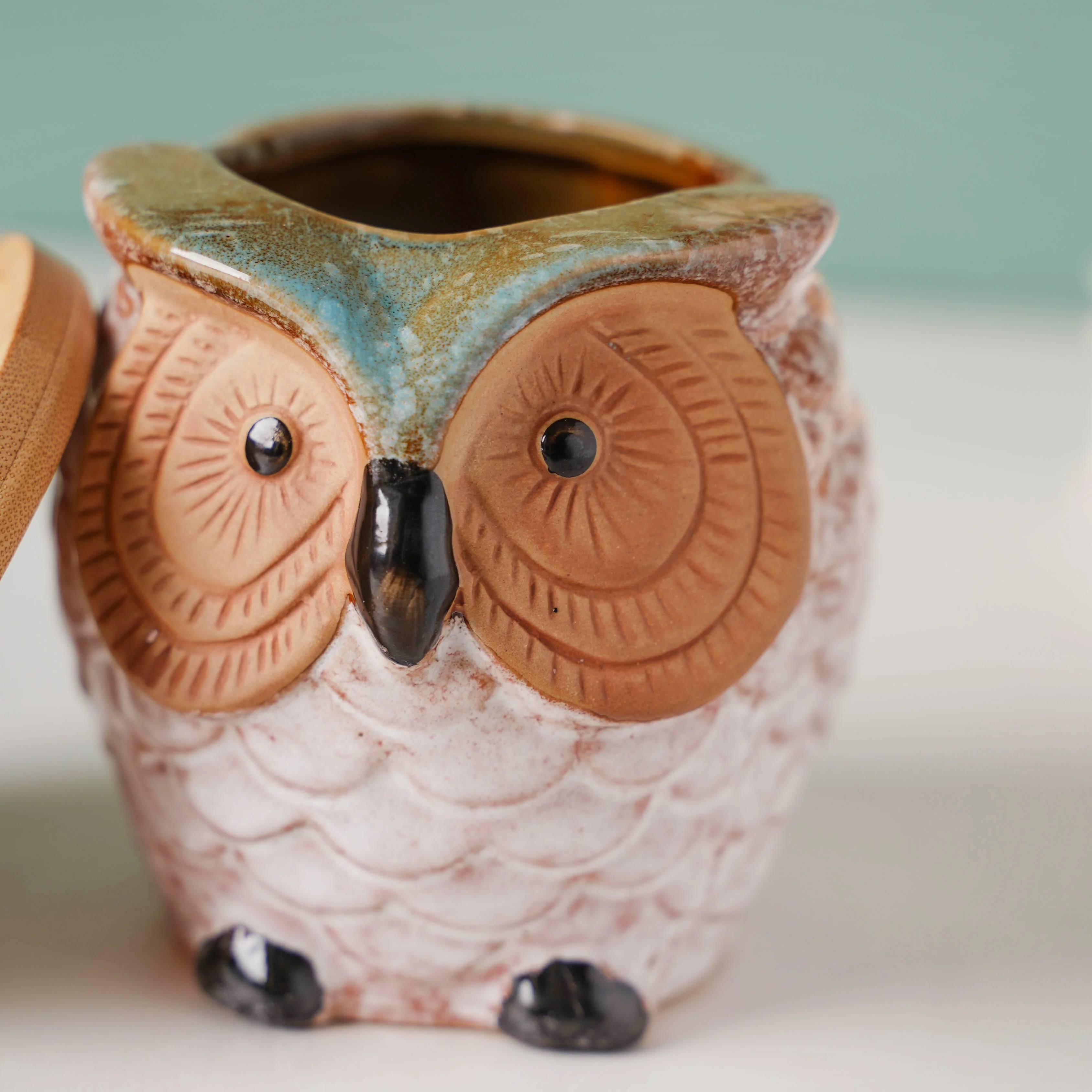 Colossal White Ceramic Owl Planter With Wooden Coaster - Image 13
