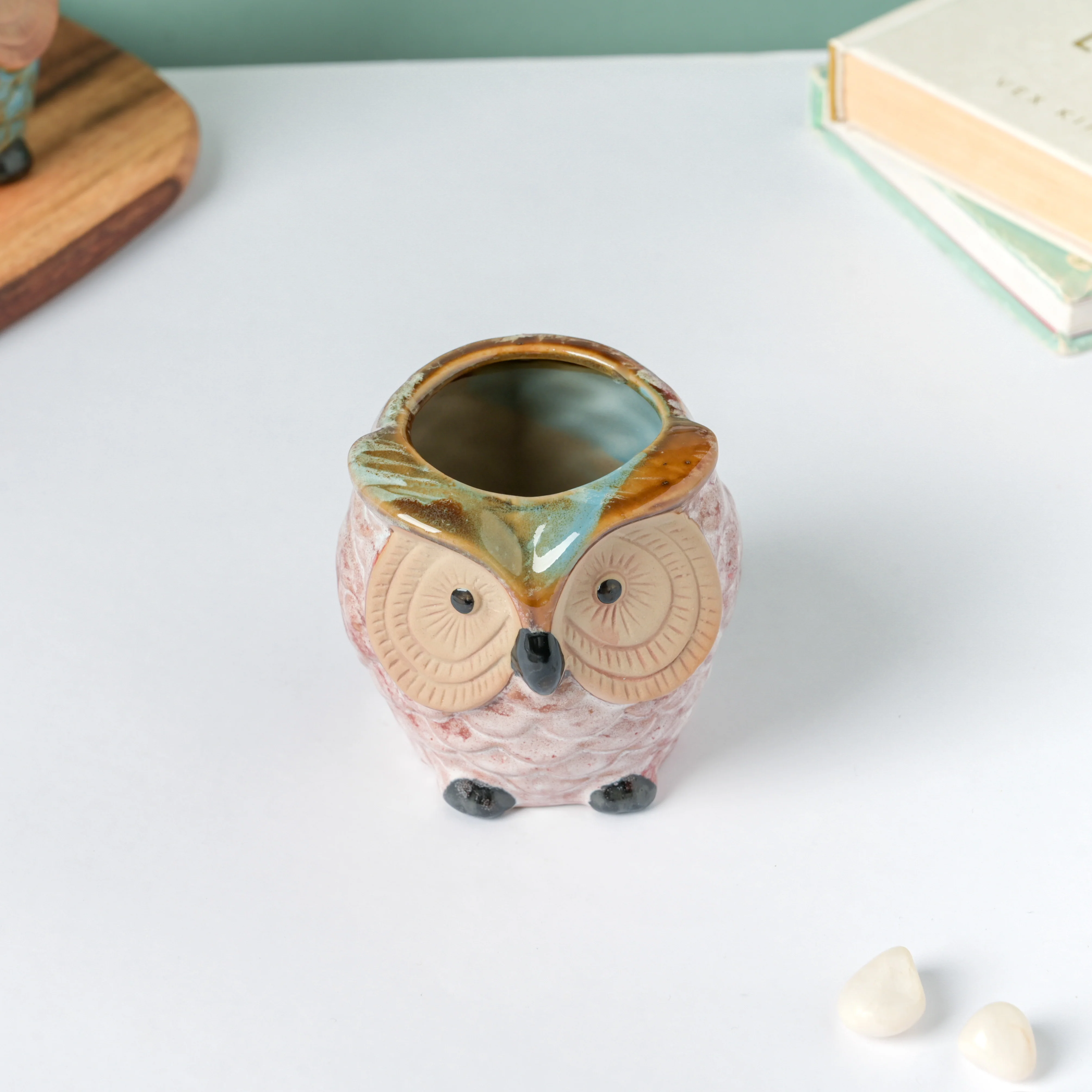Colossal White Ceramic Owl Planter With Wooden Coaster - Image 3