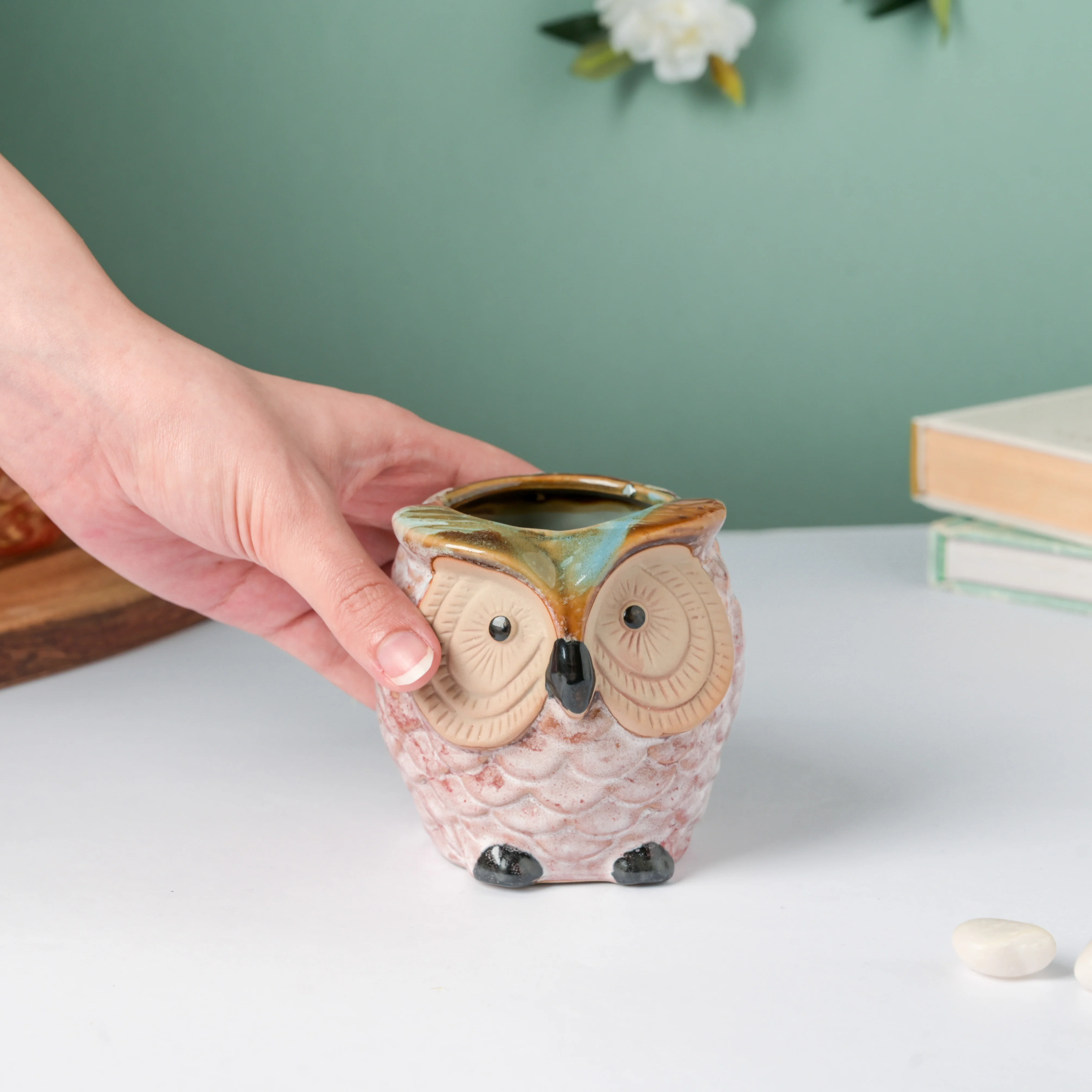 Colossal White Ceramic Owl Planter With Wooden Coaster - Image 4