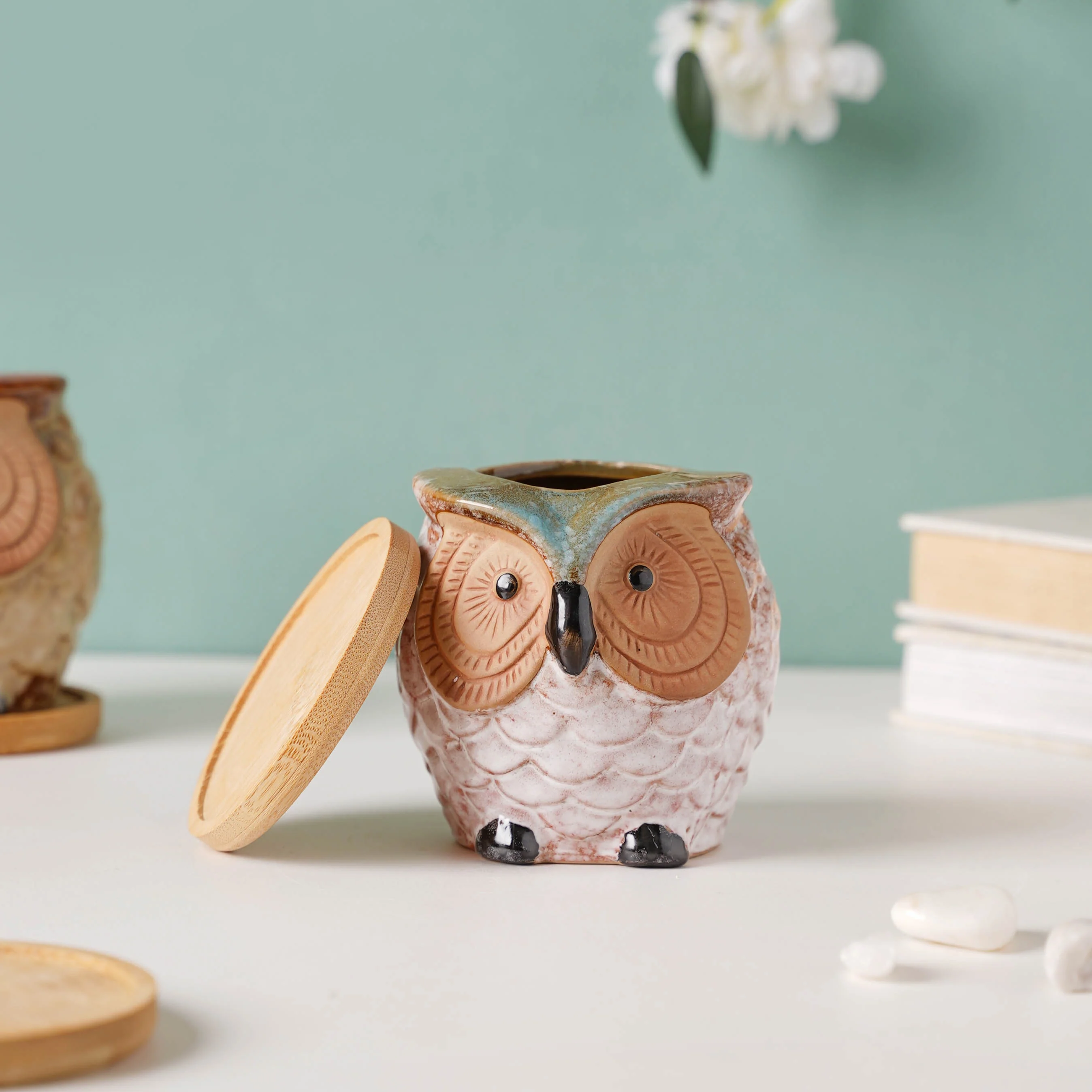 Colossal White Ceramic Owl Planter With Wooden Coaster - Image 6
