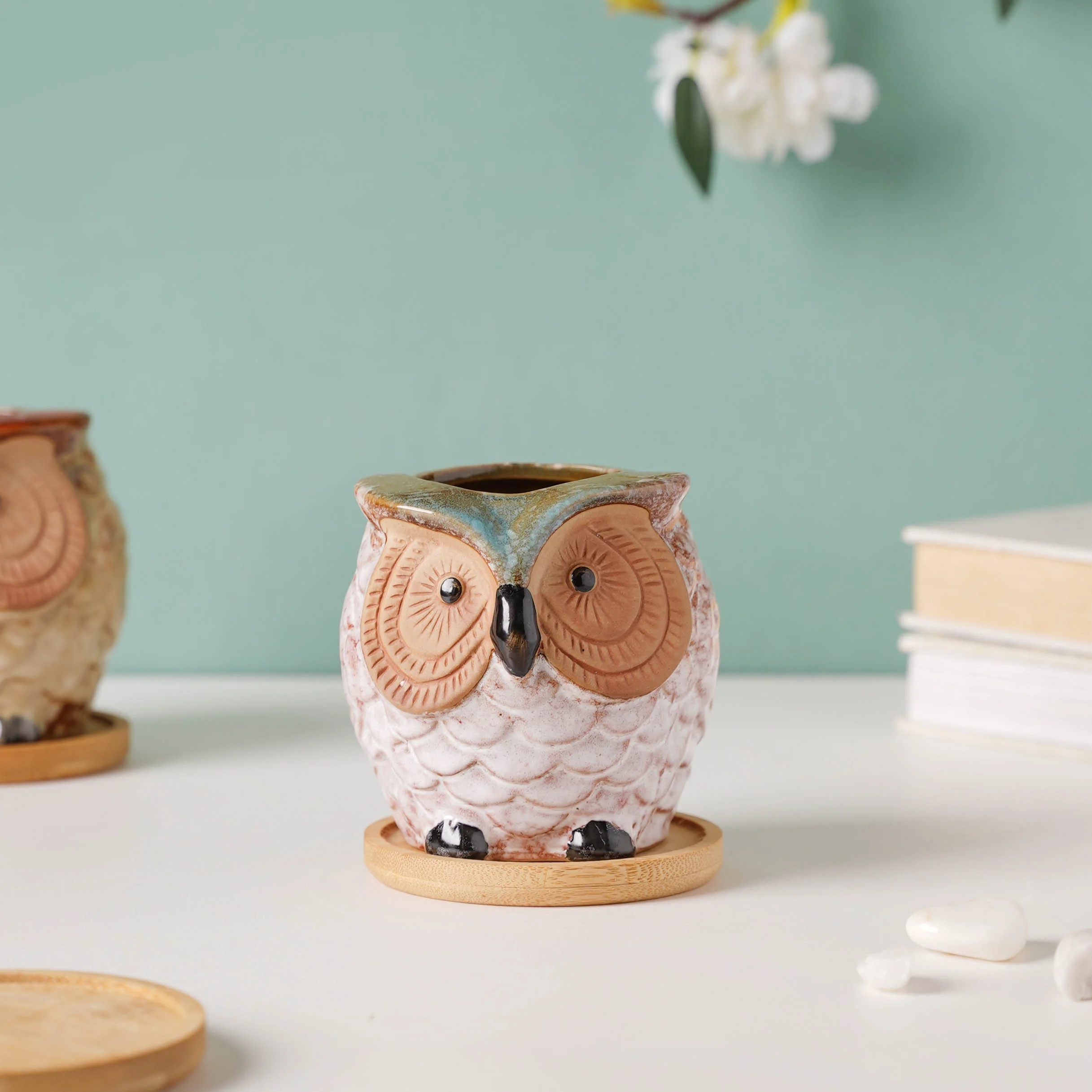 Colossal White Ceramic Owl Planter With Wooden Coaster - Image 8