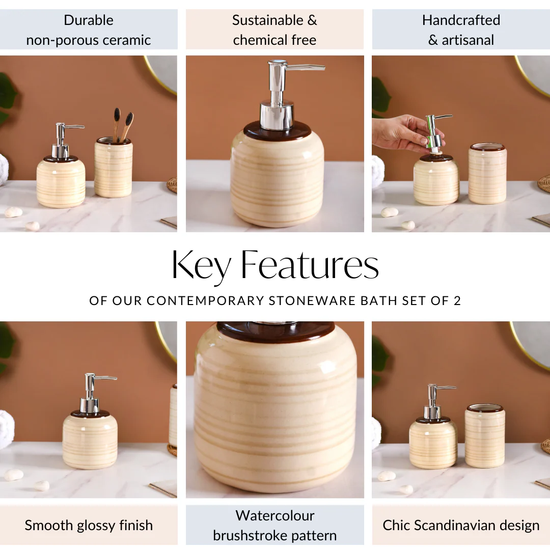 Contemporary Stoneware Bath Set Of 2 Beige Brown - Image 4