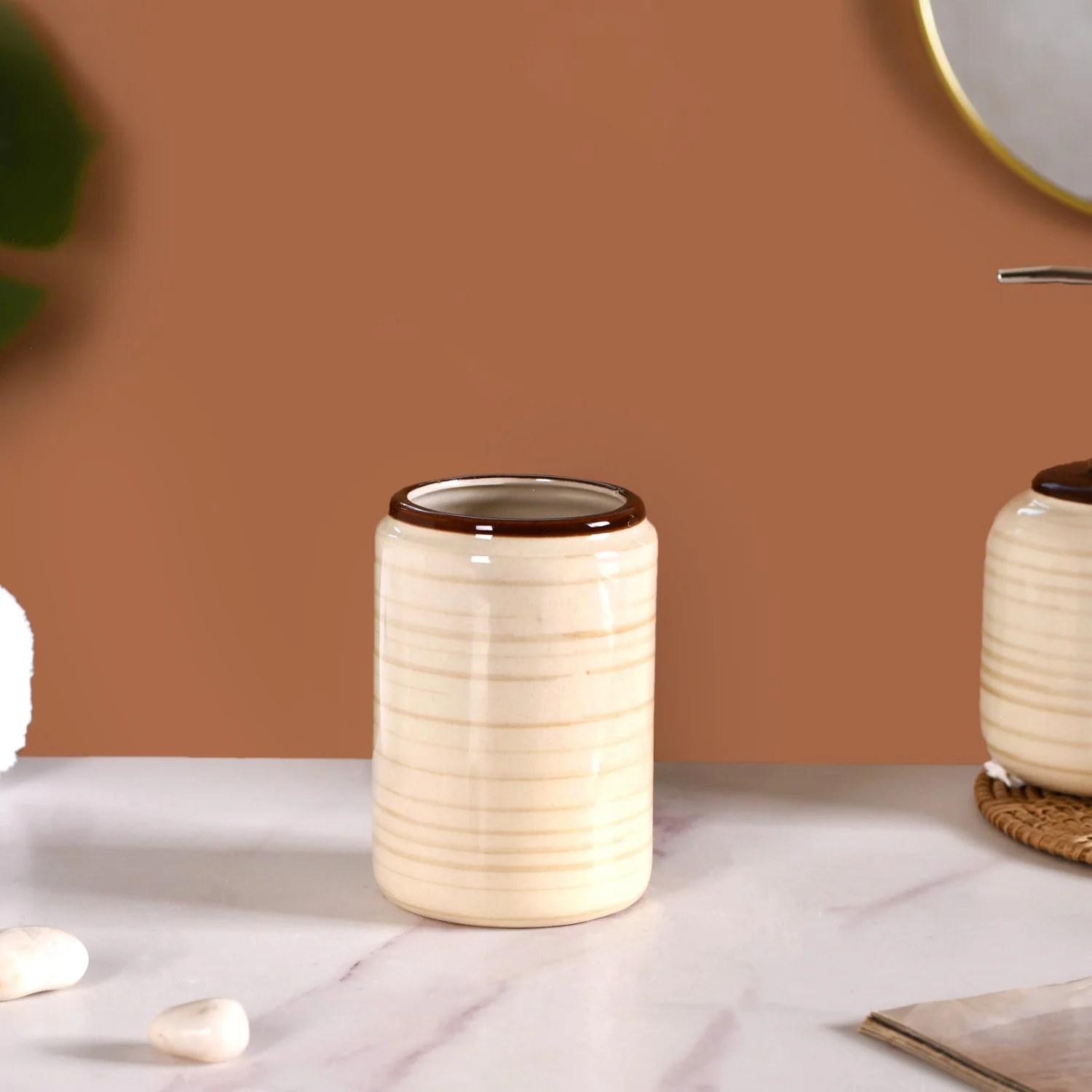Contemporary Stoneware Bath Set Of 2 Beige Brown - Image 7