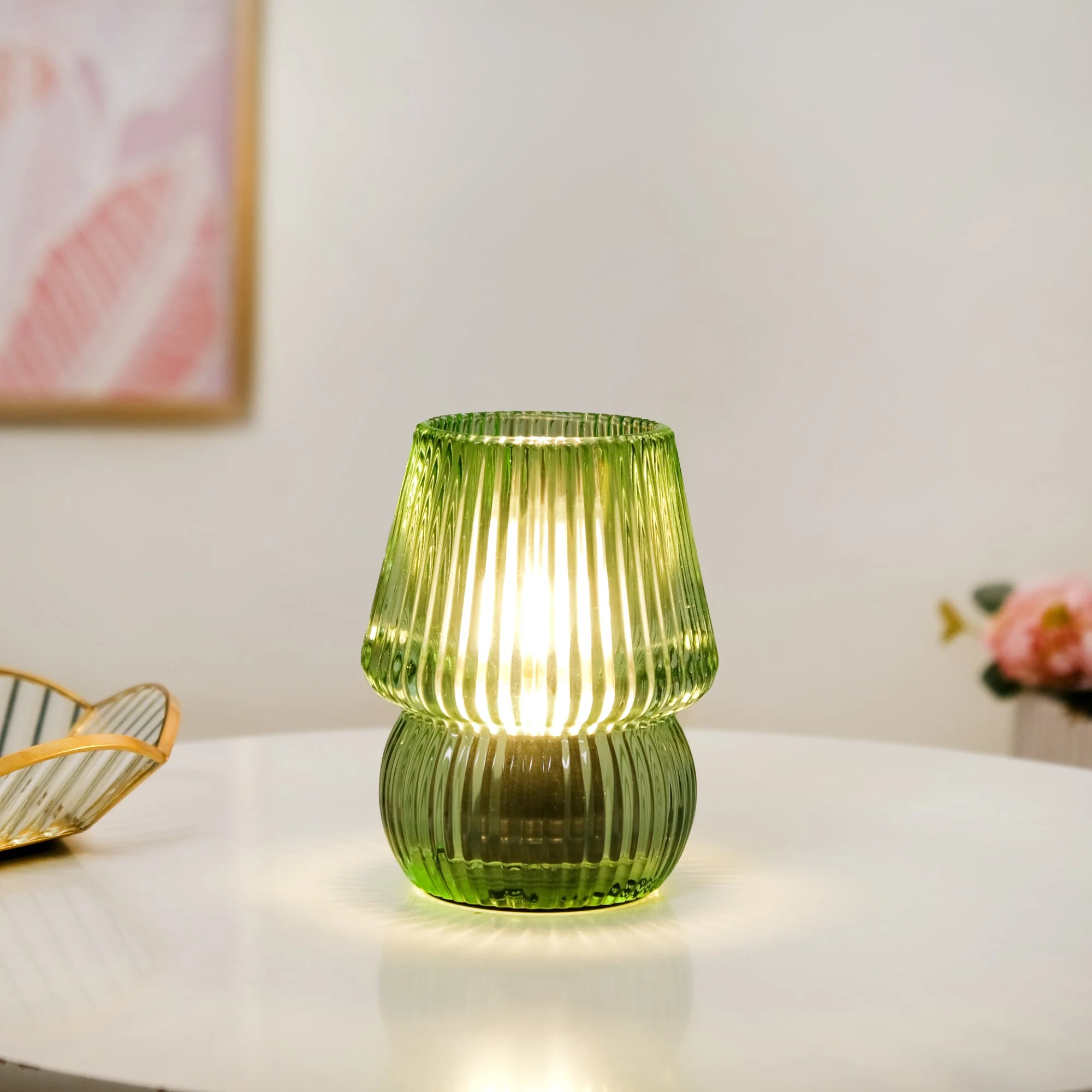 Cordless Ribbed Glass Lantern Lamp With LED Bulb - Image 2