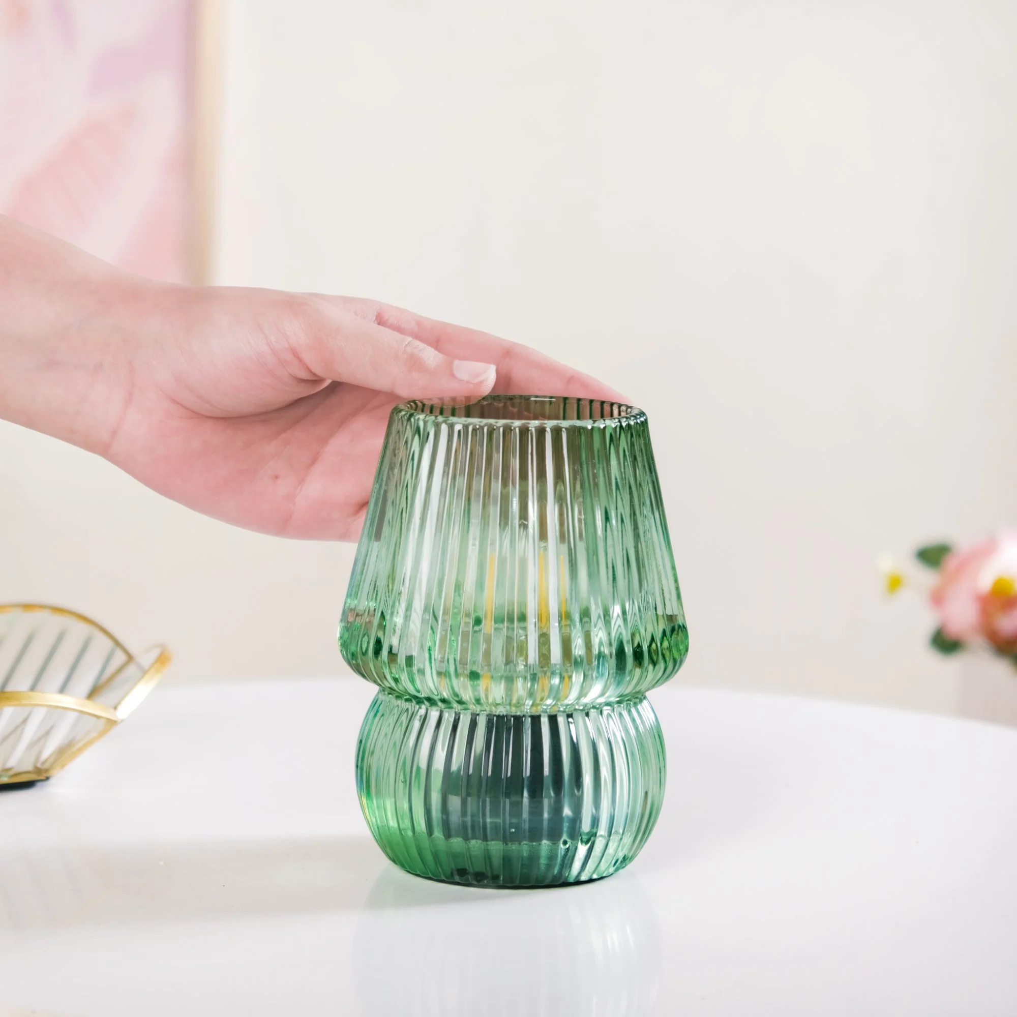 Cordless Ribbed Glass Lantern Lamp With LED Bulb - Image 3