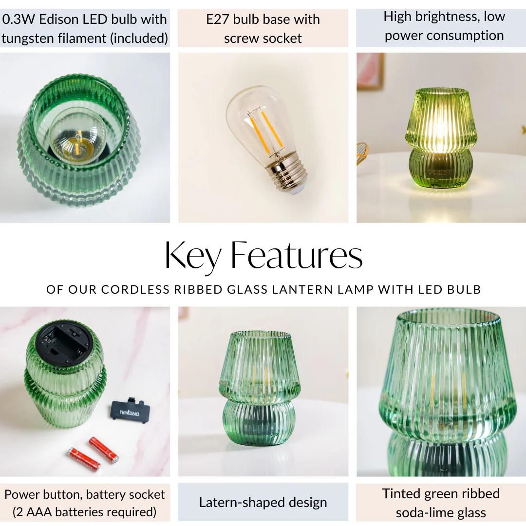 Cordless Ribbed Glass Lantern Lamp With LED Bulb - Image 5