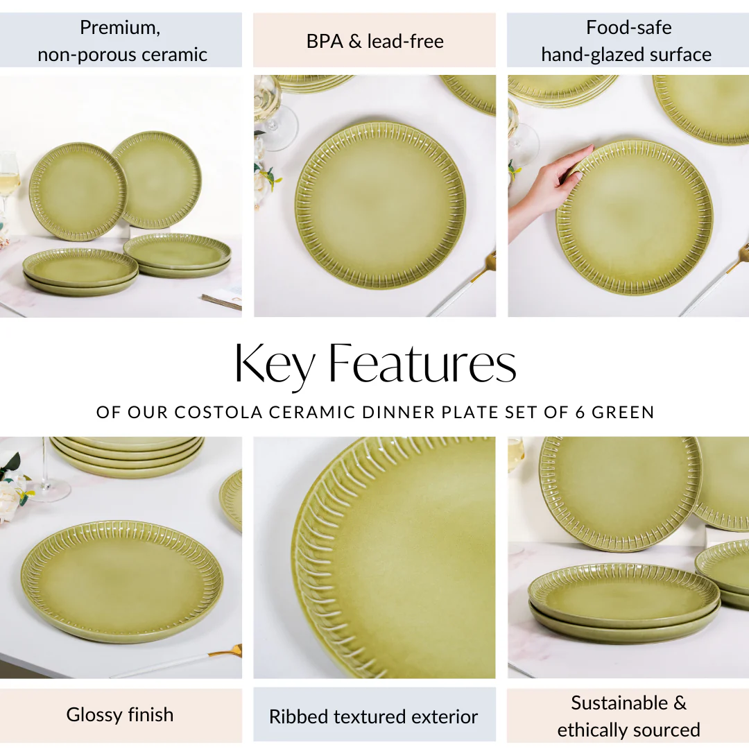Costola Ceramic Dinner Plate Set Of 6 Green 10 Inch - Image 5