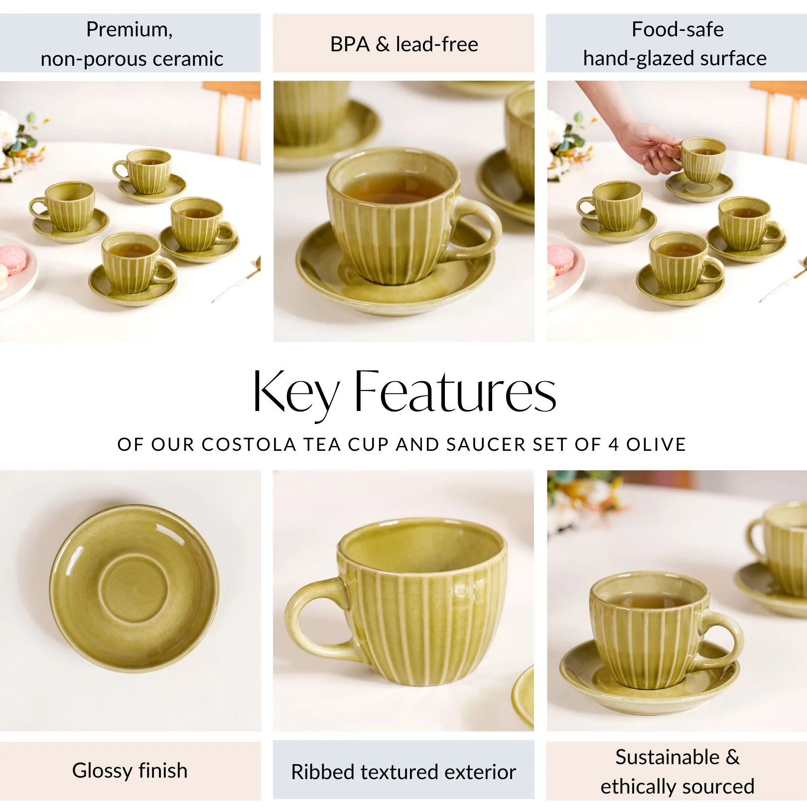 Costola Tea Cup And Saucer Set Of 4 Olive 125ml - Image 5