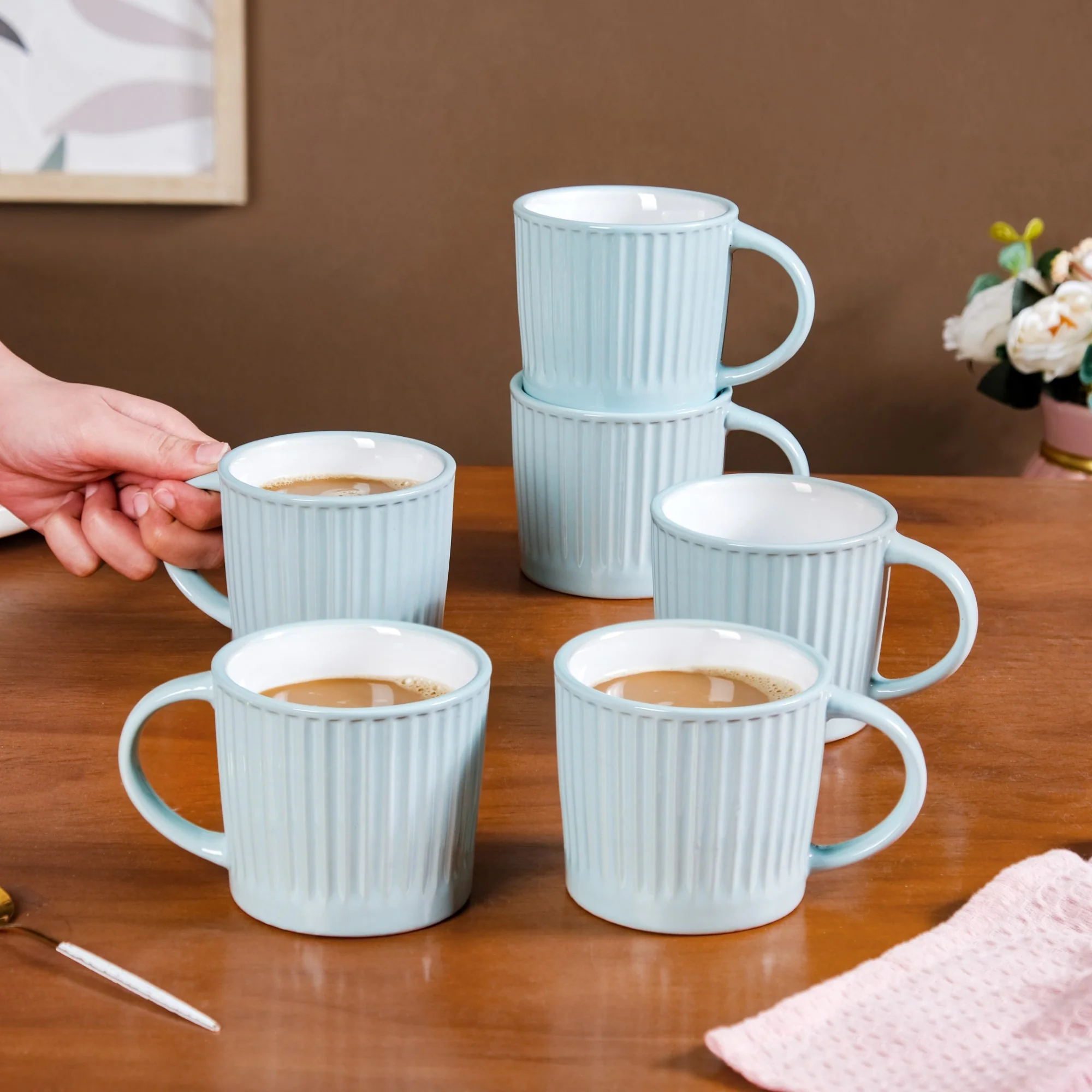 Cresta Ceramic Coffee Cup Set Of 6 Blue 300ml - Image 3