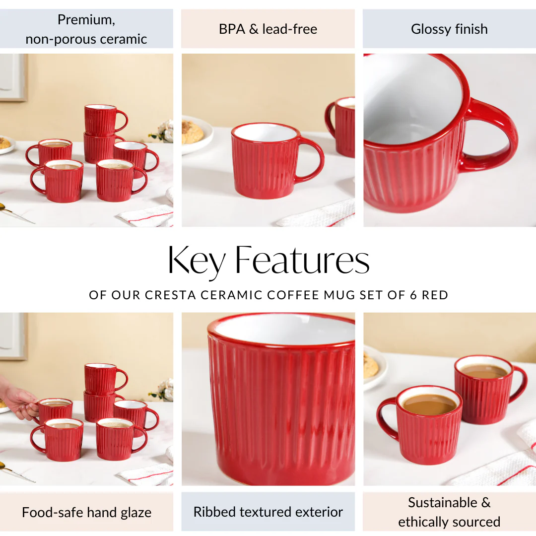 Cresta Ceramic Coffee Mug Set Of 6 Red 300ml - Image 5