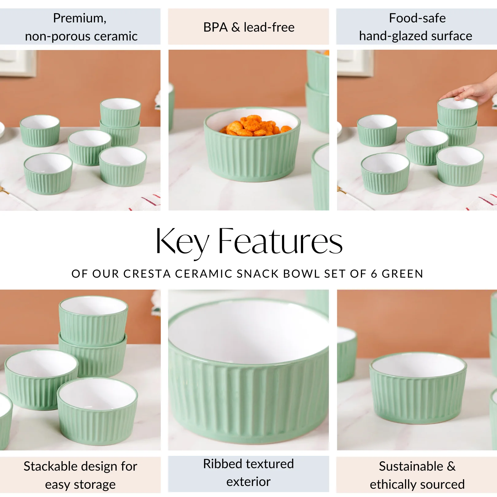 Cresta Ceramic Snack Bowl Set Of 6 Green 400ml - Image 5
