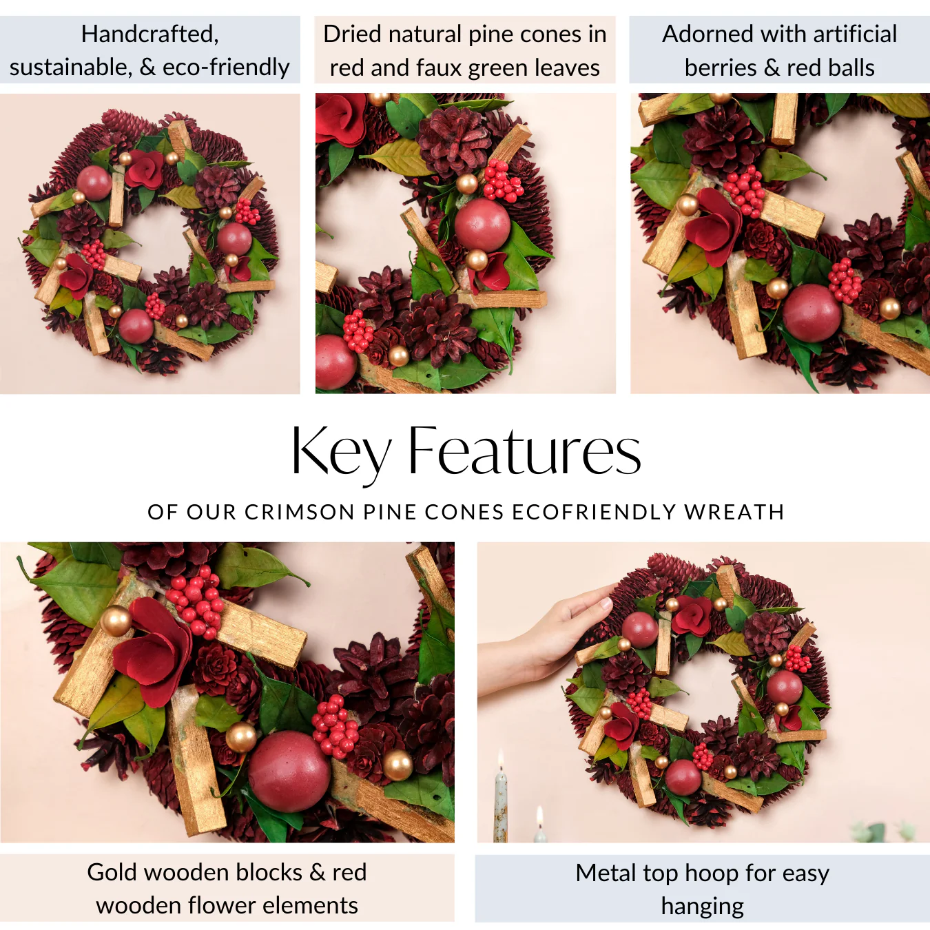 Crimson Pine Cones Ecofriendly Wreath - Image 5
