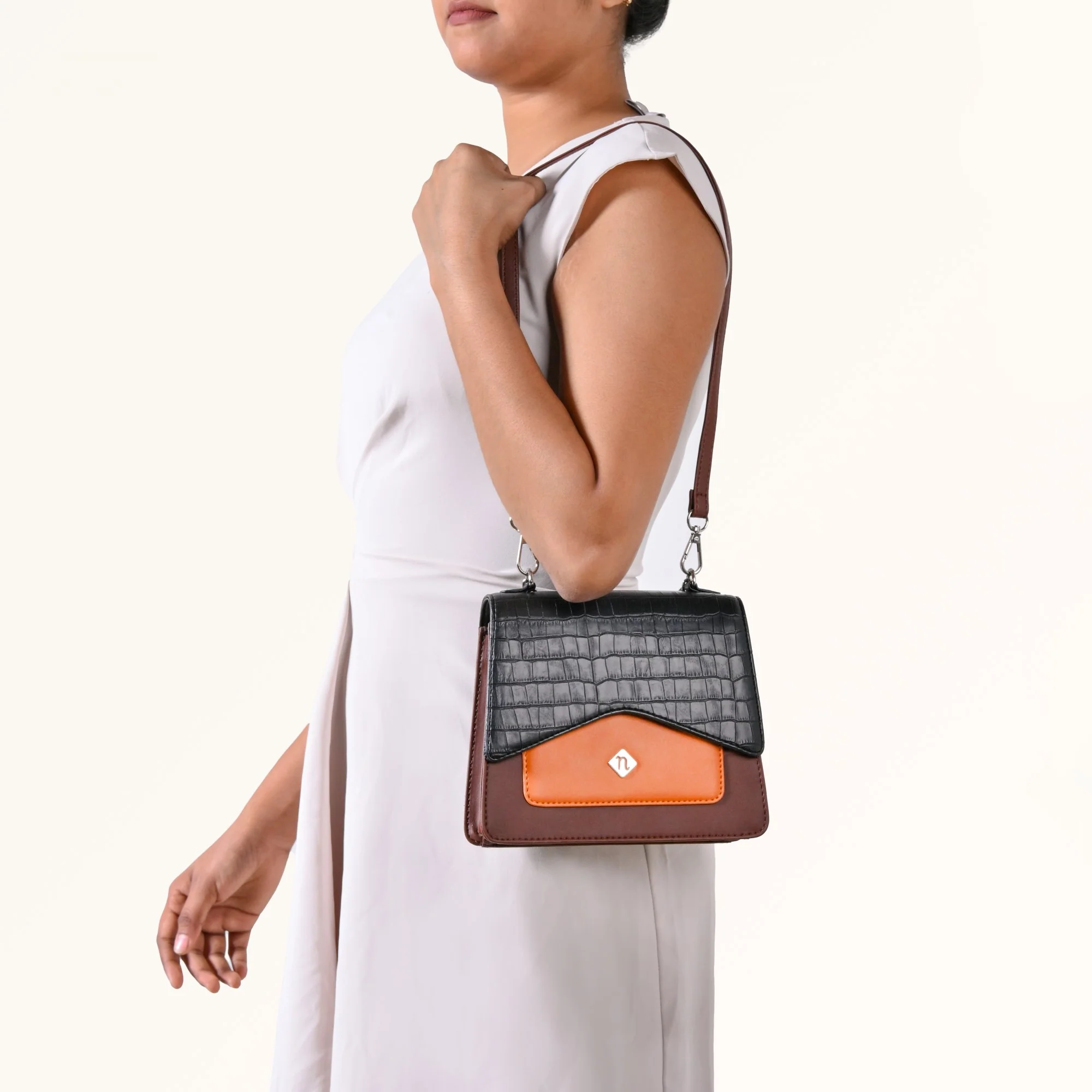 Croco Brown And Orange Handheld Bag - Image 10